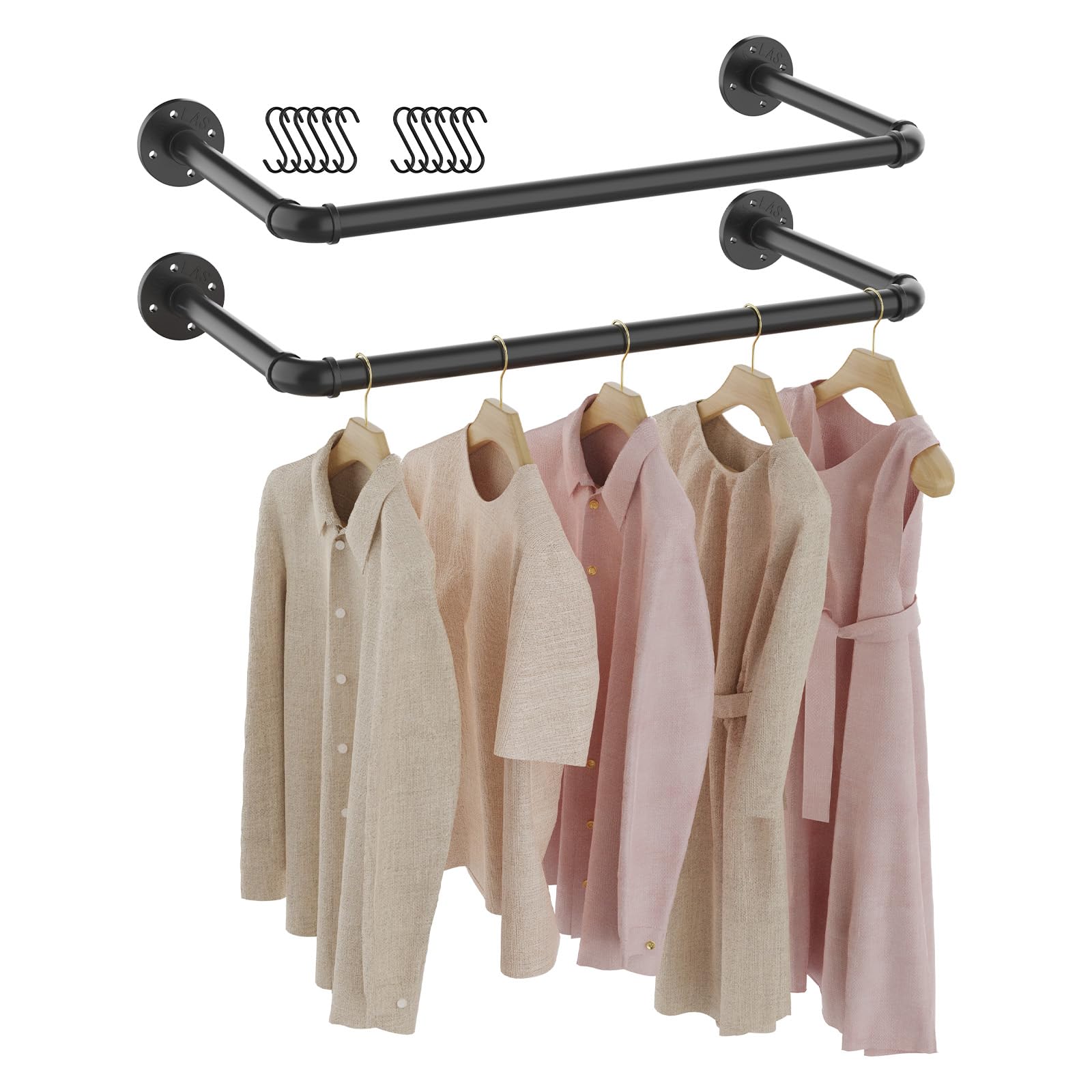 GUOHNHE 2er Set Industrierohr Kleiderstange, 54 cm Kleiderständer für die Wand, Kleidergestell Garderobenhalter, Garderobenstange Wandmontage, DIY Garderoben System, Schwarz, SG54B-2