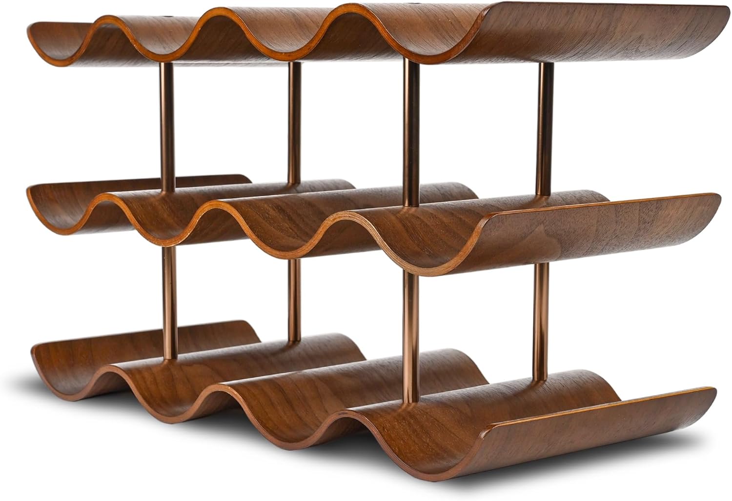 Countertop Wine Rack – 12 Bottle Freestanding Wine Bottle Holder Stand – 3 Tier Wooden Wine Storage Rack – Walnut Wavy Wine Organizer for Cabinet Pantry Home Kitchen Bar