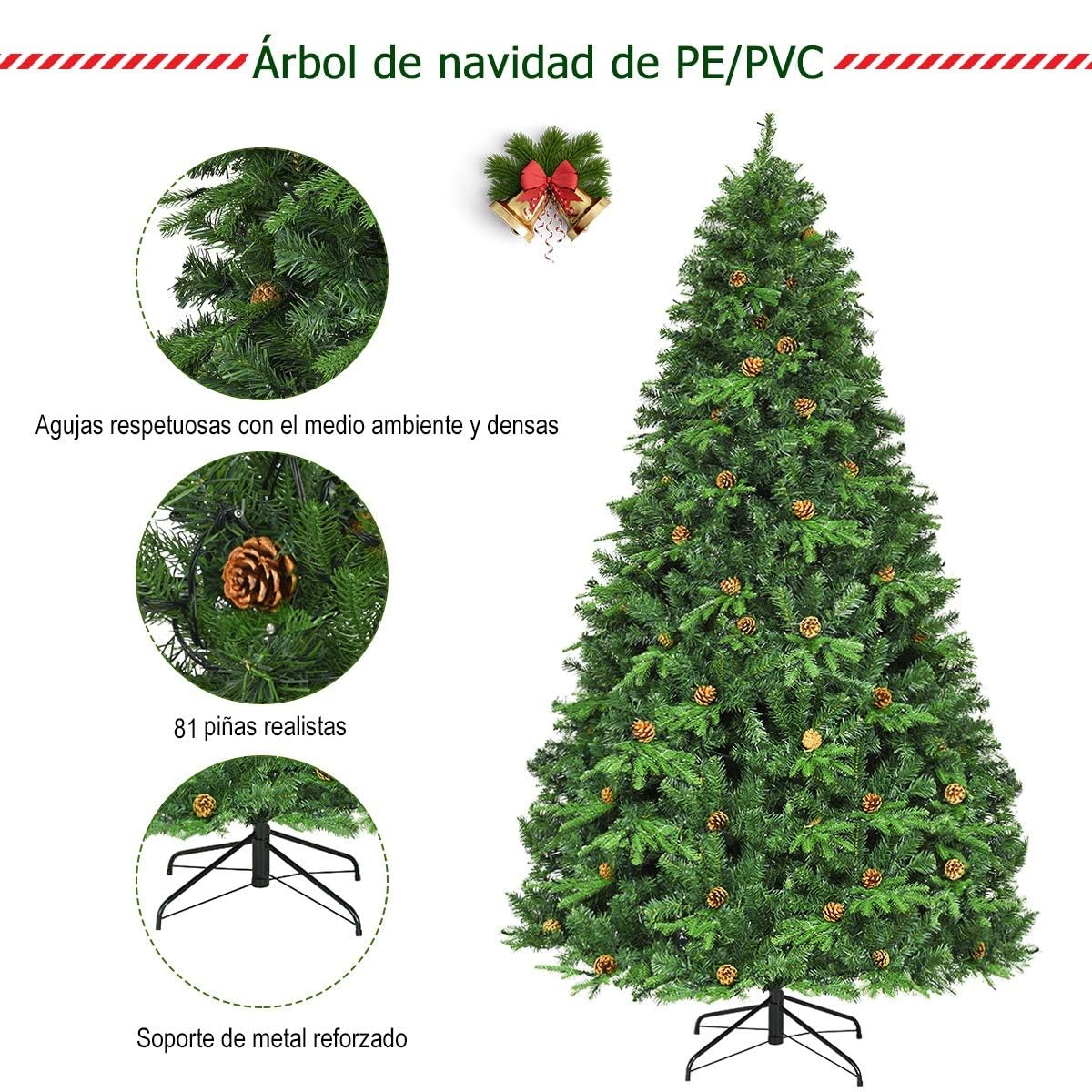 COSTWAY Árbol de Navidad Artificial Verde 240cm, Arbol de Navidad con 600 Luces Incorporadas Soporte de Metal, 81 Conos de Pino, PVC y PE, Arvore de Natal Hogar Fiesta Interior (240CM)