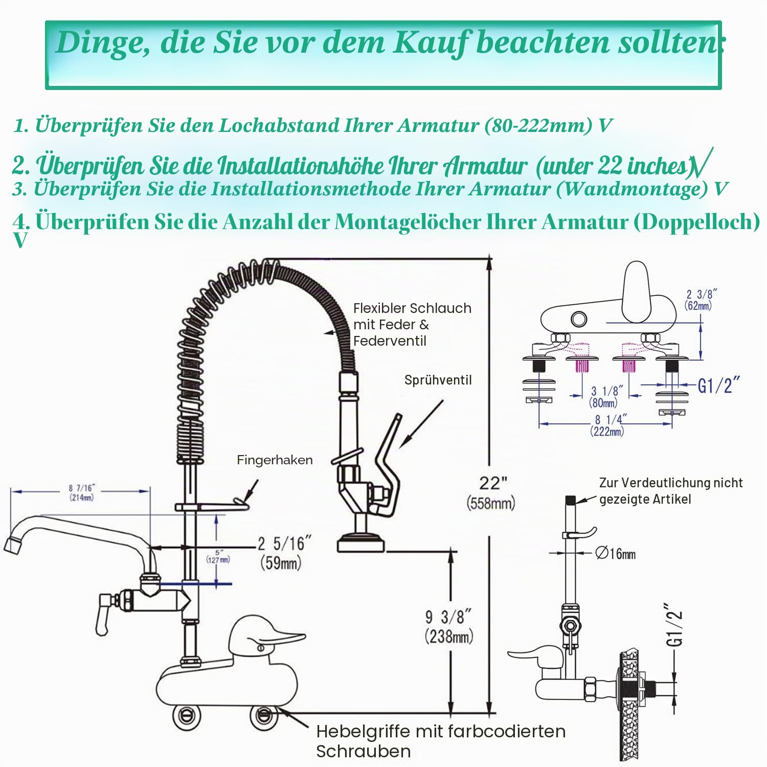 Gastro Wasserhahn Gastronomie Küchenarmatur I 4-8zoll Zweiloch Wandmontage I Singlegriff Schalten | Gastro Handbrause mit Zubehör | 12 Zoll Schwenkauslauf | Gastro Küchenarmatur 47zoll Höhe