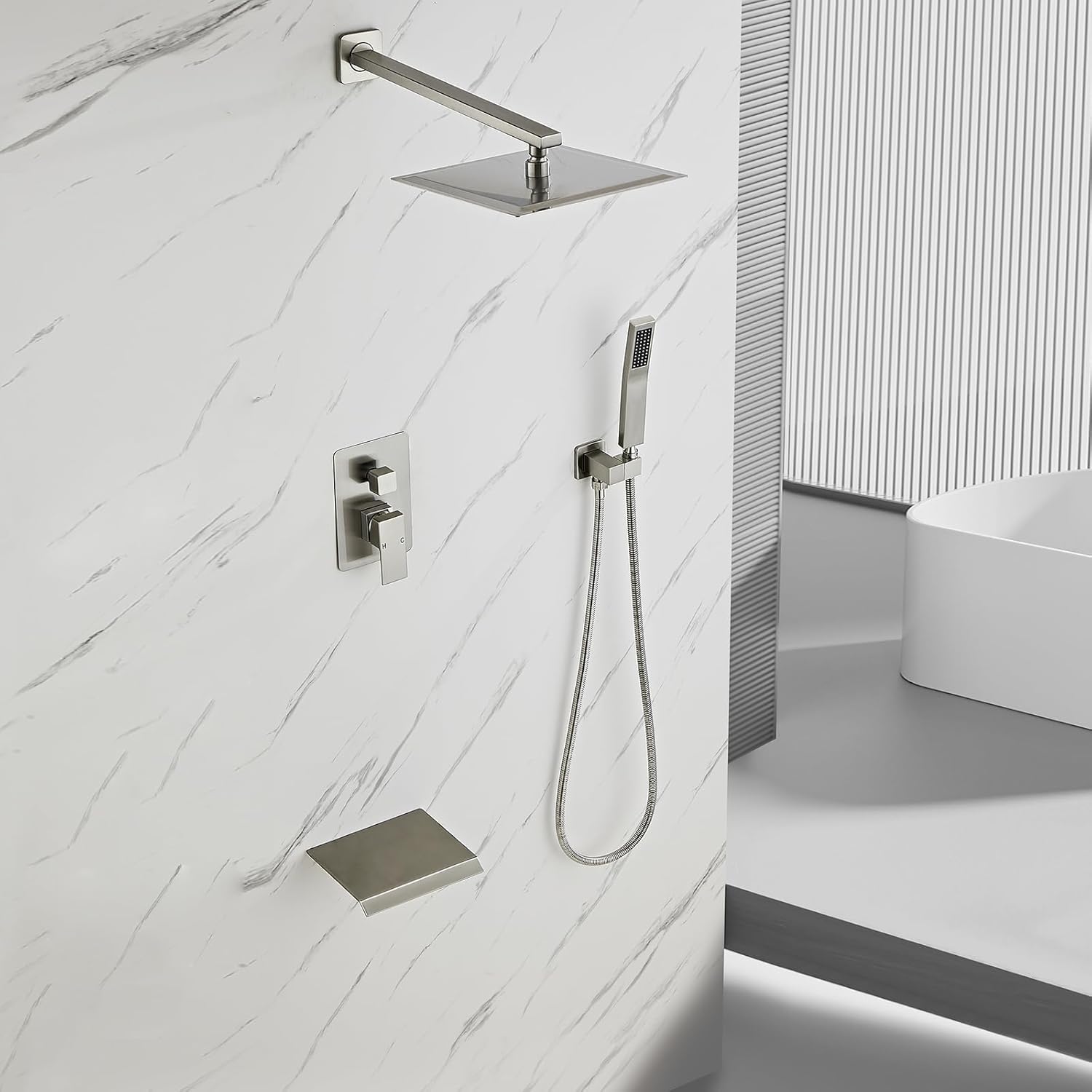 Brushed Nickel Rainfall Shower Head 8 Inch Set Faucet with Tub Spout and Handle System Square Wall Mount for Bathroom