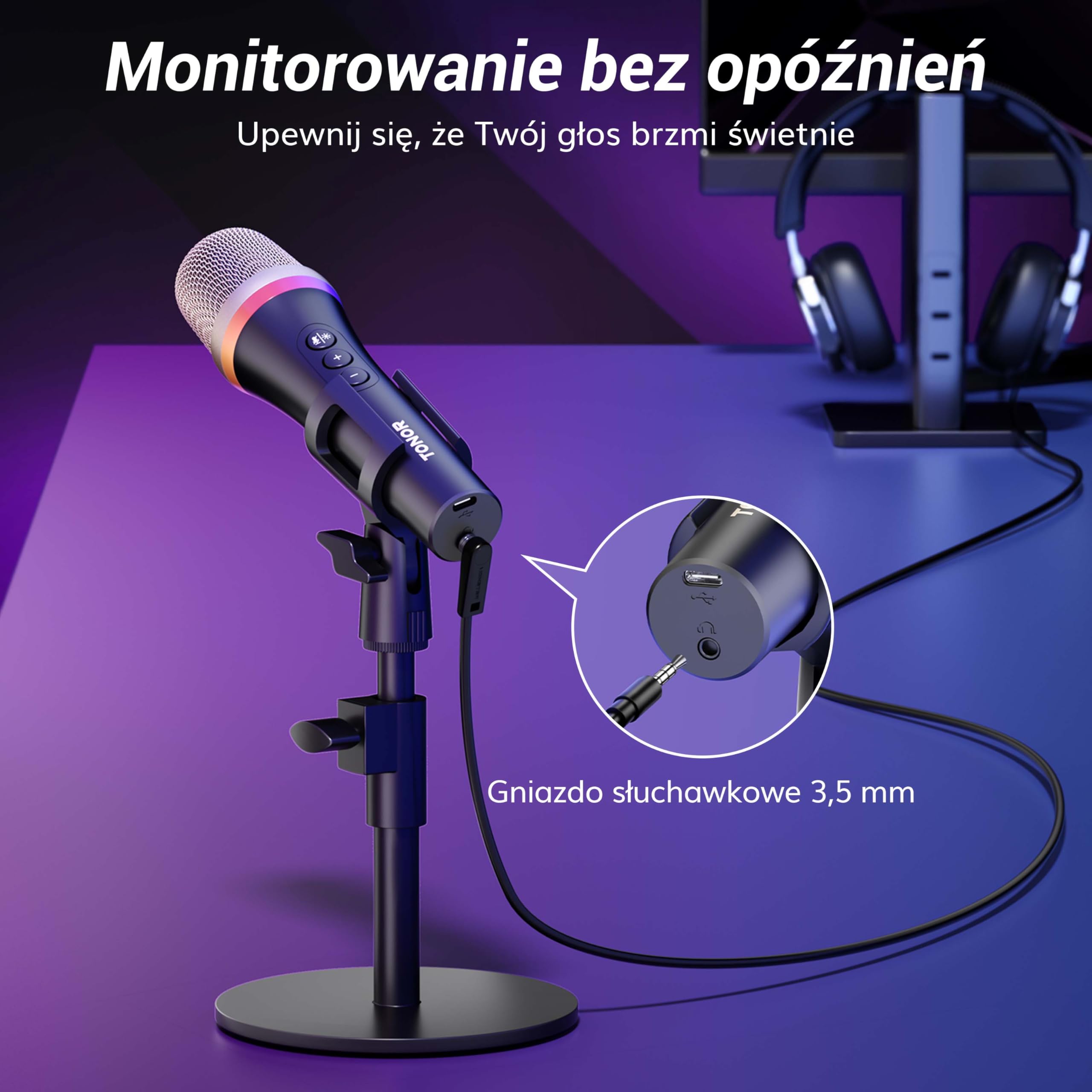 TONOR Mikrofon dynamiczny USB/typ C do komputera PC, mikrofon do gier komputerowych do podcastów RGB ze stojakiem biurkowym do nagrywania, Na żywo,YouTube, śpiewania, studia, karaoke czarny