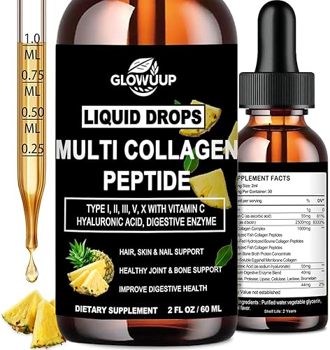 Gotas líquidas de péptidos de colágeno múltiple para mujeres y hombres, tipo I, II, III, V, X, péptidos de colágeno hidrolizados, proteínas de