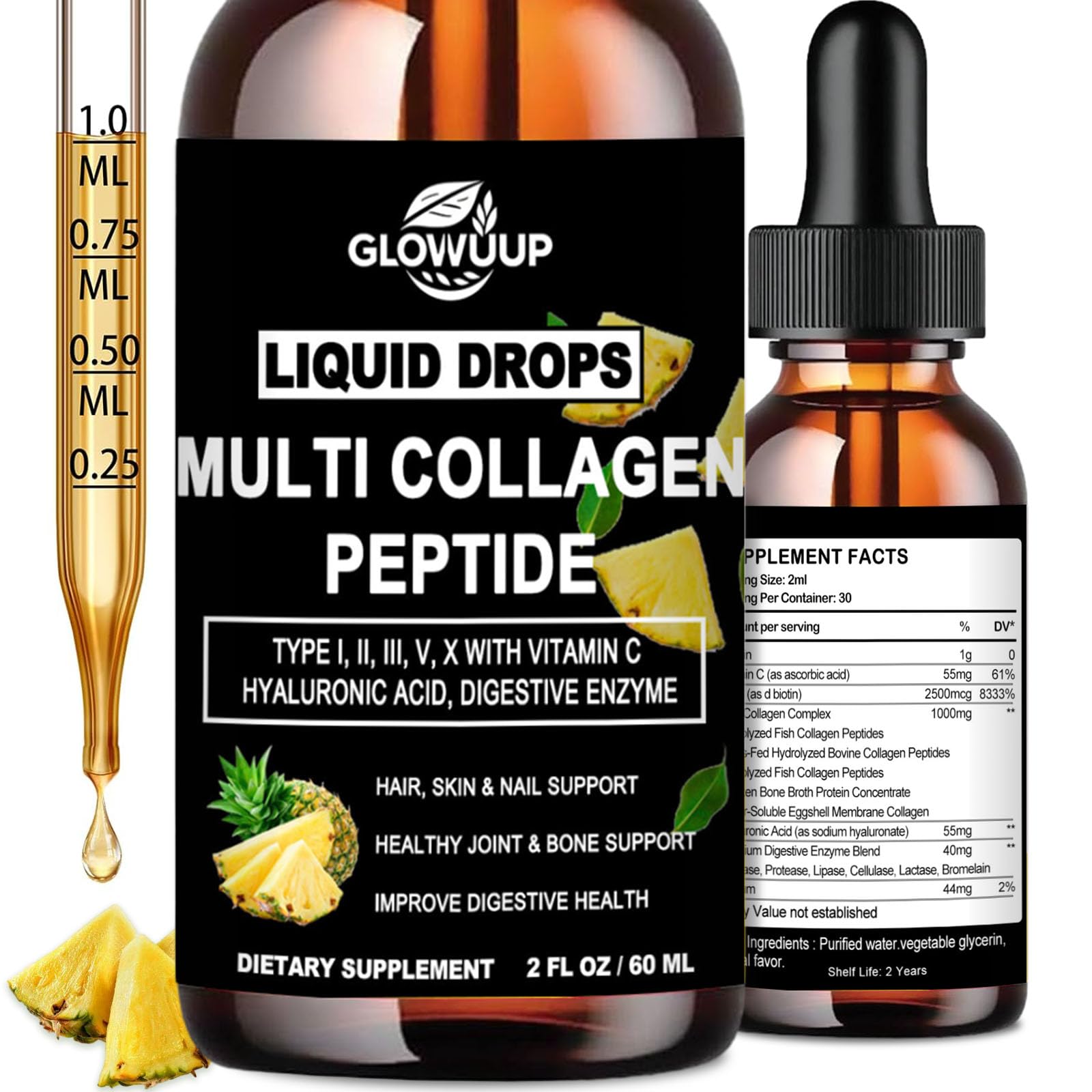 Multi Collagen Peptides Liquid Drops for Women Men-Type I II III V X Hydrolyzed Collagen Peptides Collagen Proteins