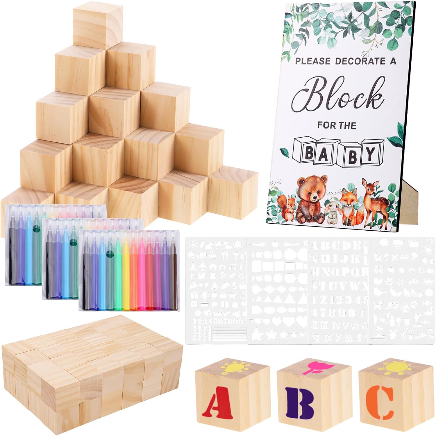101 Pcs Baby Shower Blocks Games Sets, Baby Coloring Blocks for Baby Shower, 60 DIY 3.5cm Blank-Wooden-Block 4 Large-Stencils 36 Colorful-Marker 1 Decorate-Wooden-Sign, Baby Shower Blocks to Decorate