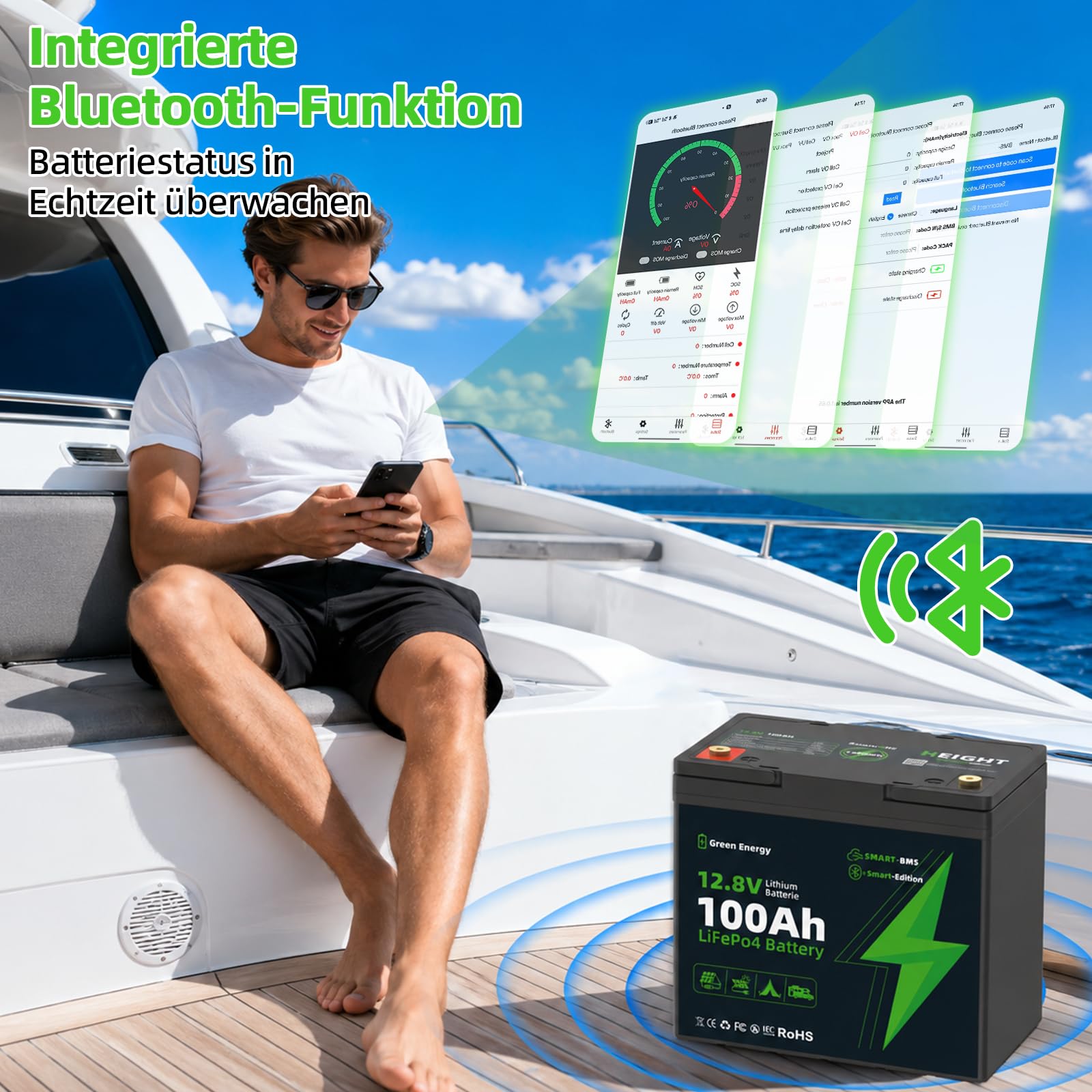 100Ah LiFePO4 Bluetooth, BMS Niedrigtemperaturschutz 15000 Ladezyklen, 12V 1280Wh Wohnmobile, Boote Solarmodule und Netzunabhängiges System