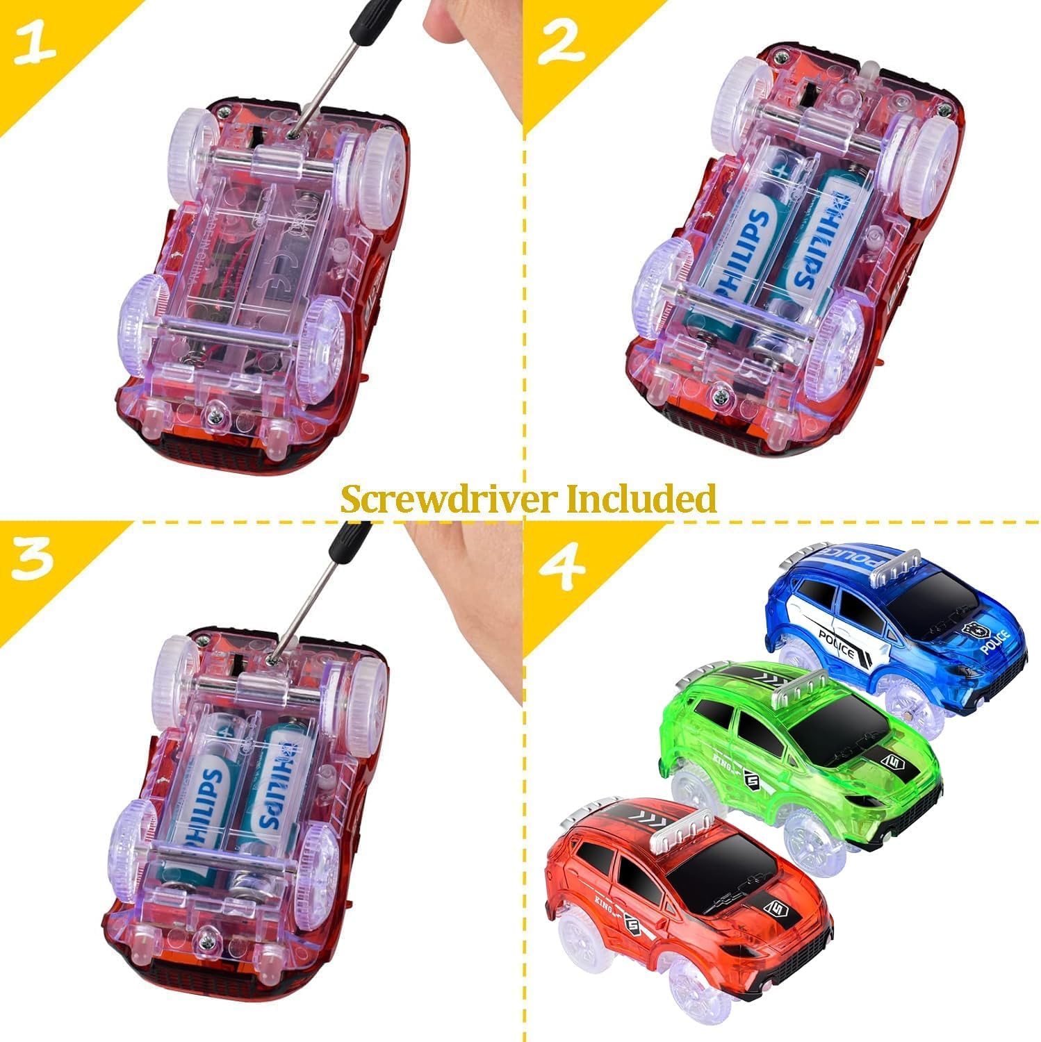 Tracks Cars Only Replacement, Flex Track Race Cars for Magic Tracks Glow in The Dark, Lights Up Glow Trax Trucks with 5 LED Flashing Light Compatible with Most Tracks for Kids(Red/Blue/Green)