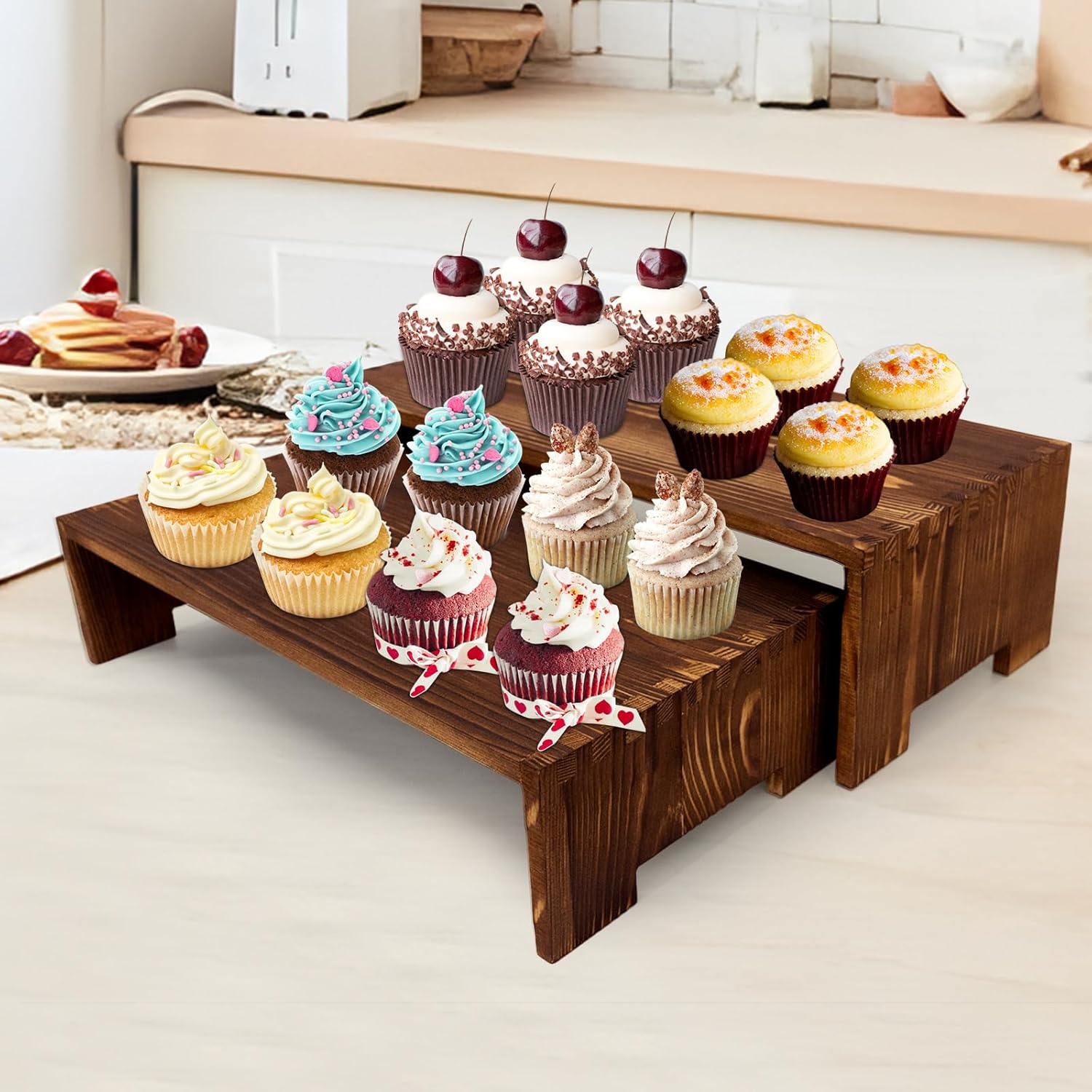 4Pcs Large Display Riser Wood Risers Cupcake Display Stand 2 Tier Racks Rectangular, 2 Set Perfume Decorative Display Dessert Stands for Vendors Event (Large/2Pack Brown) - Image 4