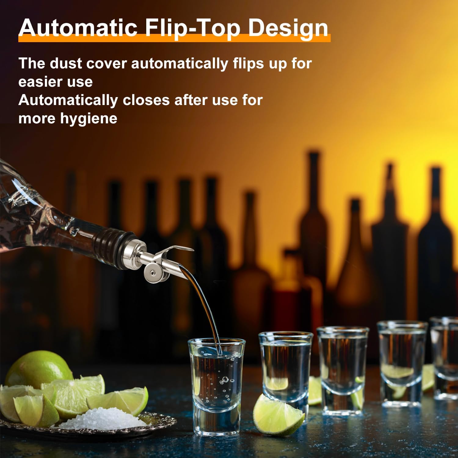 6 Pack Liquor Bottle Pourers, Automatic Flip Caps Olive Oil Dispenser Spout, Stainless Steel Pour Spouts for Bottles, Liquor Pour Spouts for Alcohol, Olive Oil, with 6 Adapters for Large Neck Bottles