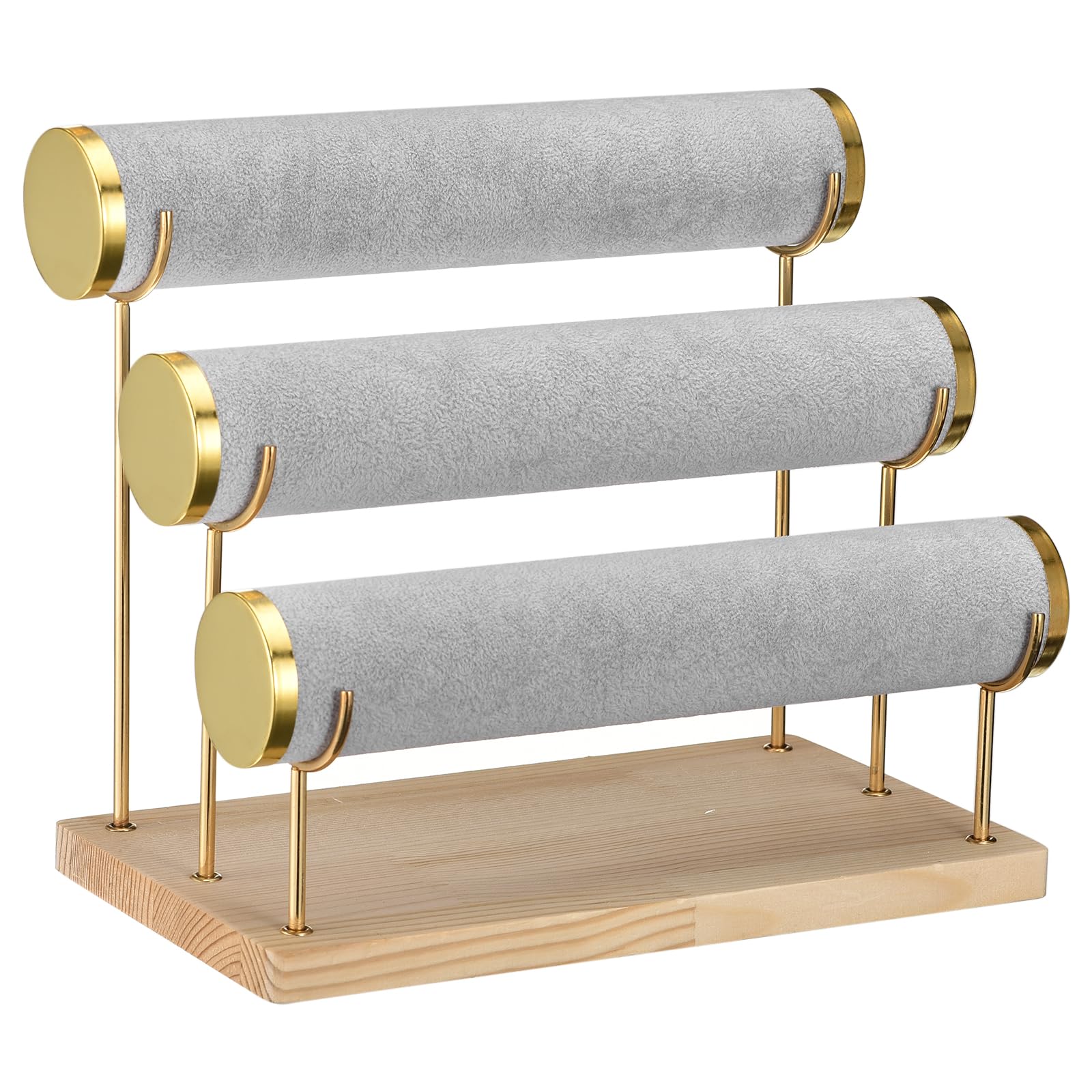 sourcing map Soporte desmontable para reloj, 3 niveles, de madera, elegante, con bordes dorados, torre de reloj de terciopelo, color gris