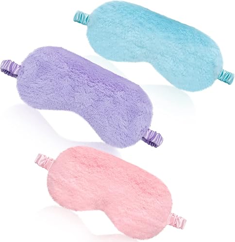 Miniatura 8 de Máscara de ojos de felpa de 3 piezas para dormir, cómoda y suave cubierta de ojos peluda para regalo de fiesta de cumpleaños (rosa, morado, azul