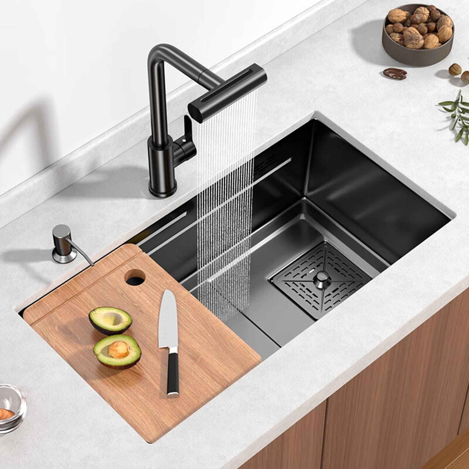 ZQFHSX Stainless Steel Drop-In Kitchen Sink with Waterfall Faucet & Pull Down Sprayhead Single Bowl Workstation Black 60x45x20cm Complete Accessories