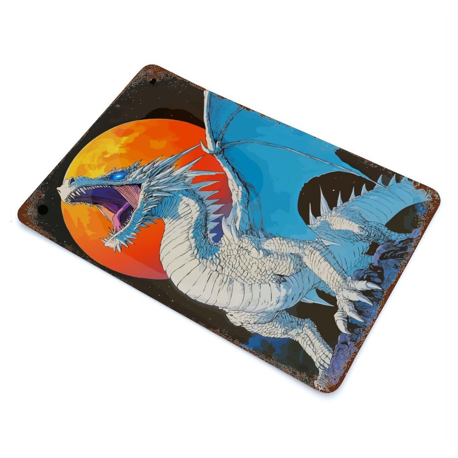 White Dragon Roaring at The Moon Rust Effect Tin Sign 11.8"x7.9", Novelty Wall Decor for Garage, Pub Or Kitchen
