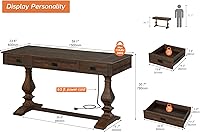 Vista 2 de WAMPAT 60-inch Vintage Wood Home Office Desk with Stable Solid Wood Pedestral Legs, Tradional Rustic Executive Desk with Deep Drawers and Power