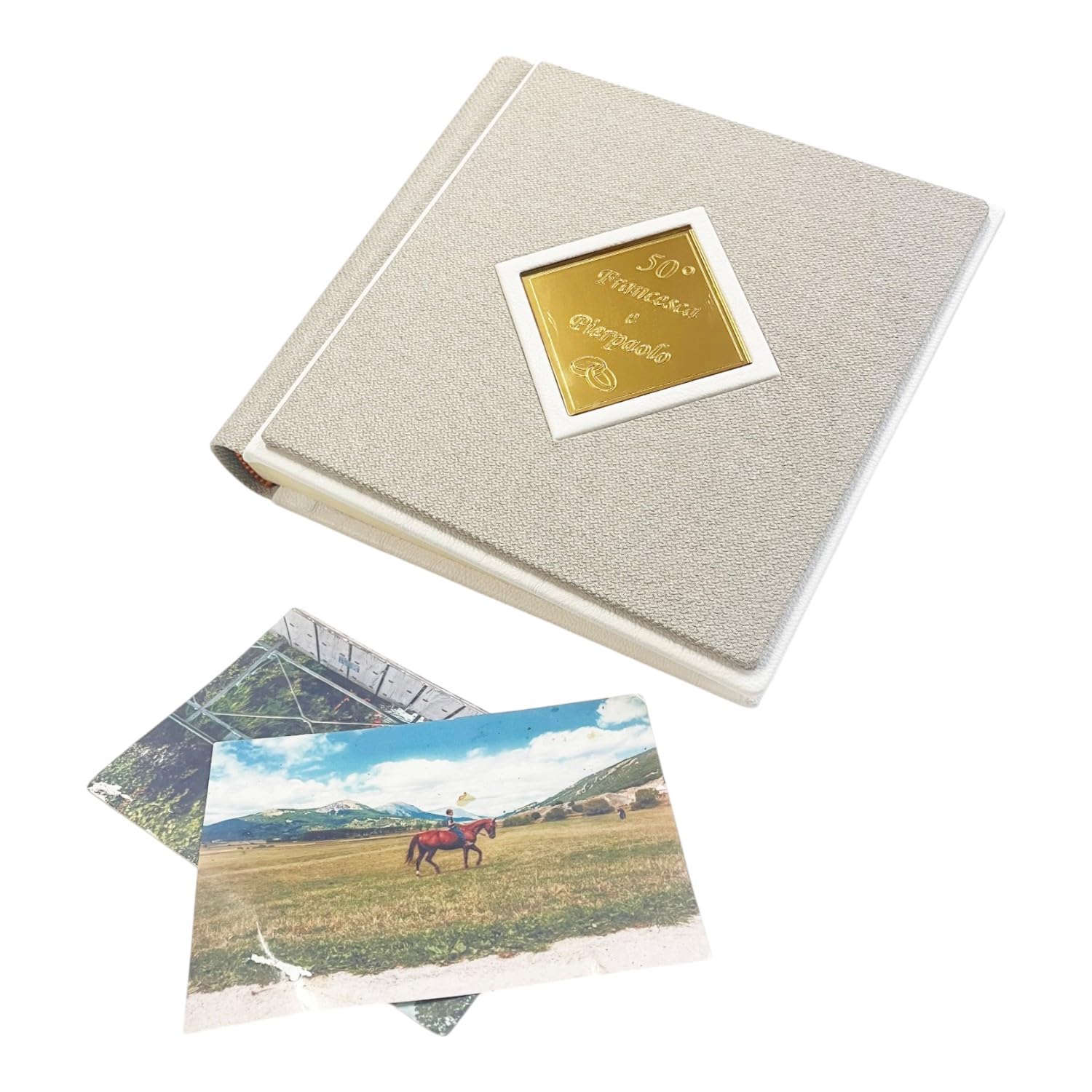 Album Fotografico Artigianale -Zenith- in Tessuto con Profili in ecopelle a contrasto, Rombo centrale a specchio Personalizzabile, Matrimonio,Anniversario,Comunione,Eventi (Beige-Bianco-Oro)