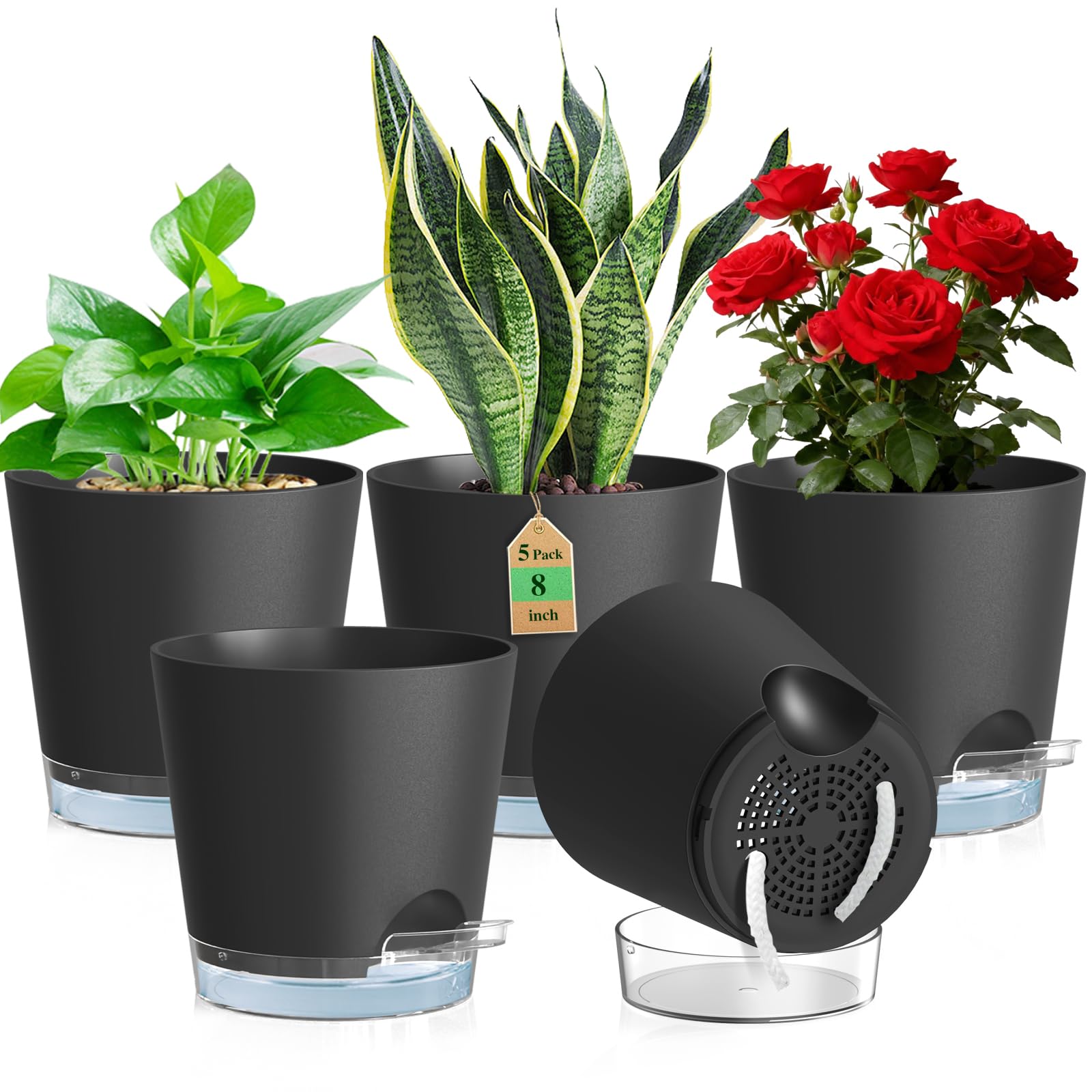 WSMKSZ 20 cm Self Watering Plant Pots Indoor, 5 Pack Thick Plastic Flower Pots with Clear Reservoir, Visible Water Level and Drainage Holes, Medium Planter Pots with Cotton Wick for Outdoor, Black