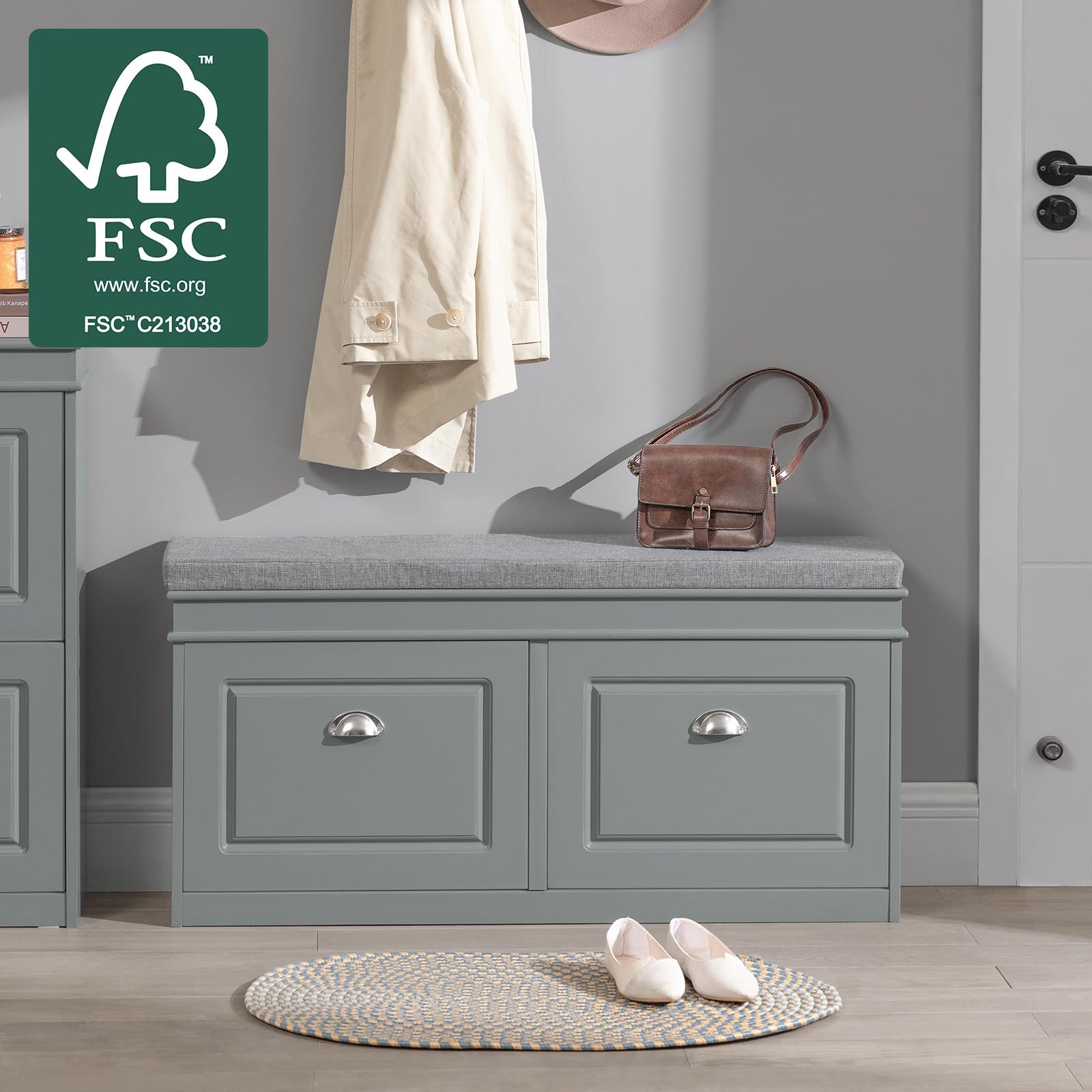 SoBuy Banco Zapatero con Asiento y Almacenaje - Puff Organizador con 2 Solapas, Estrecho para Zapatero Entrada Recibidor, Recibidores de Entrada y Dormitorio, 104x24x52cm Gris FSR64-HG ES
