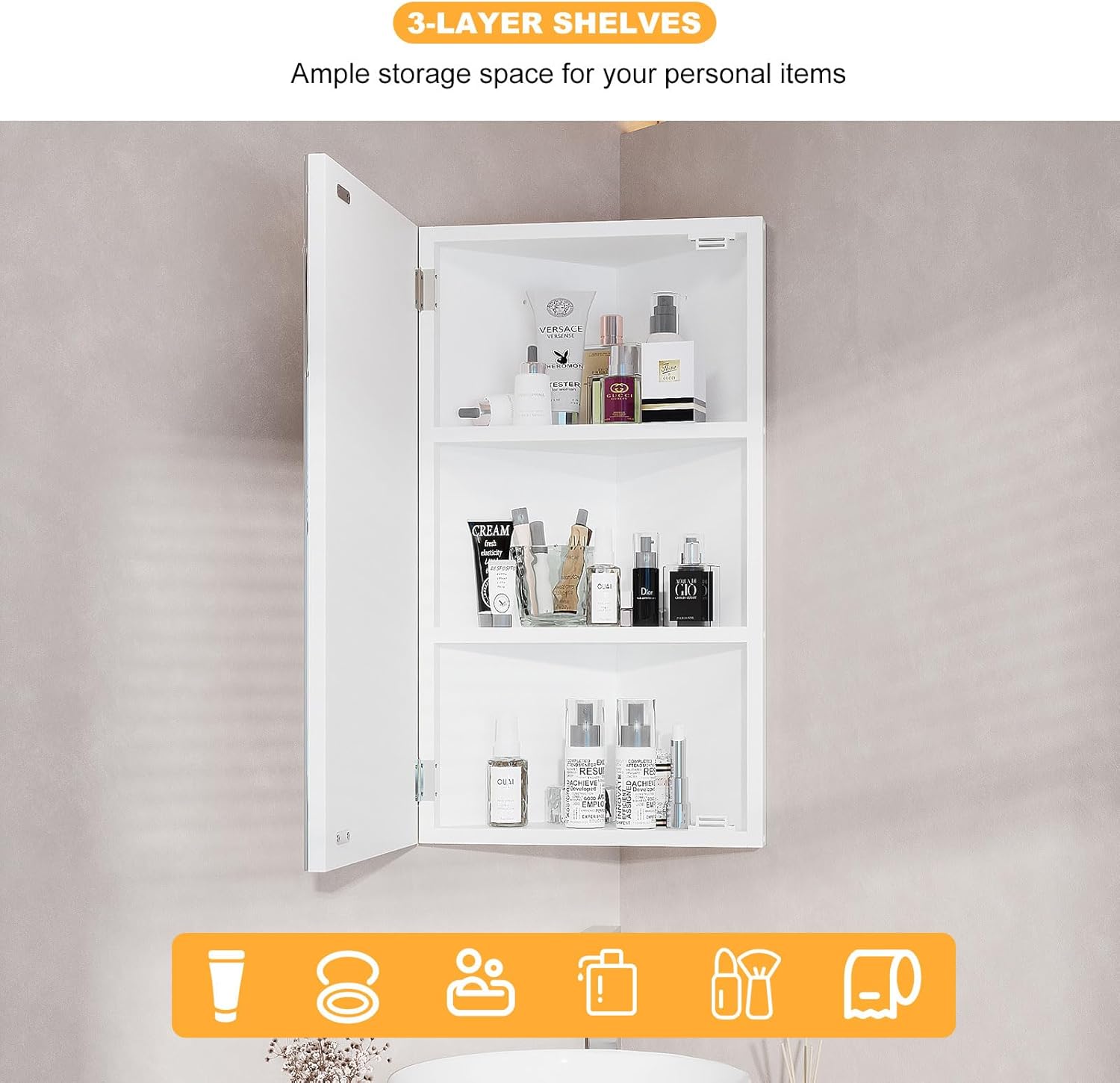 Indre view of the medicine cabinet showing three shelves