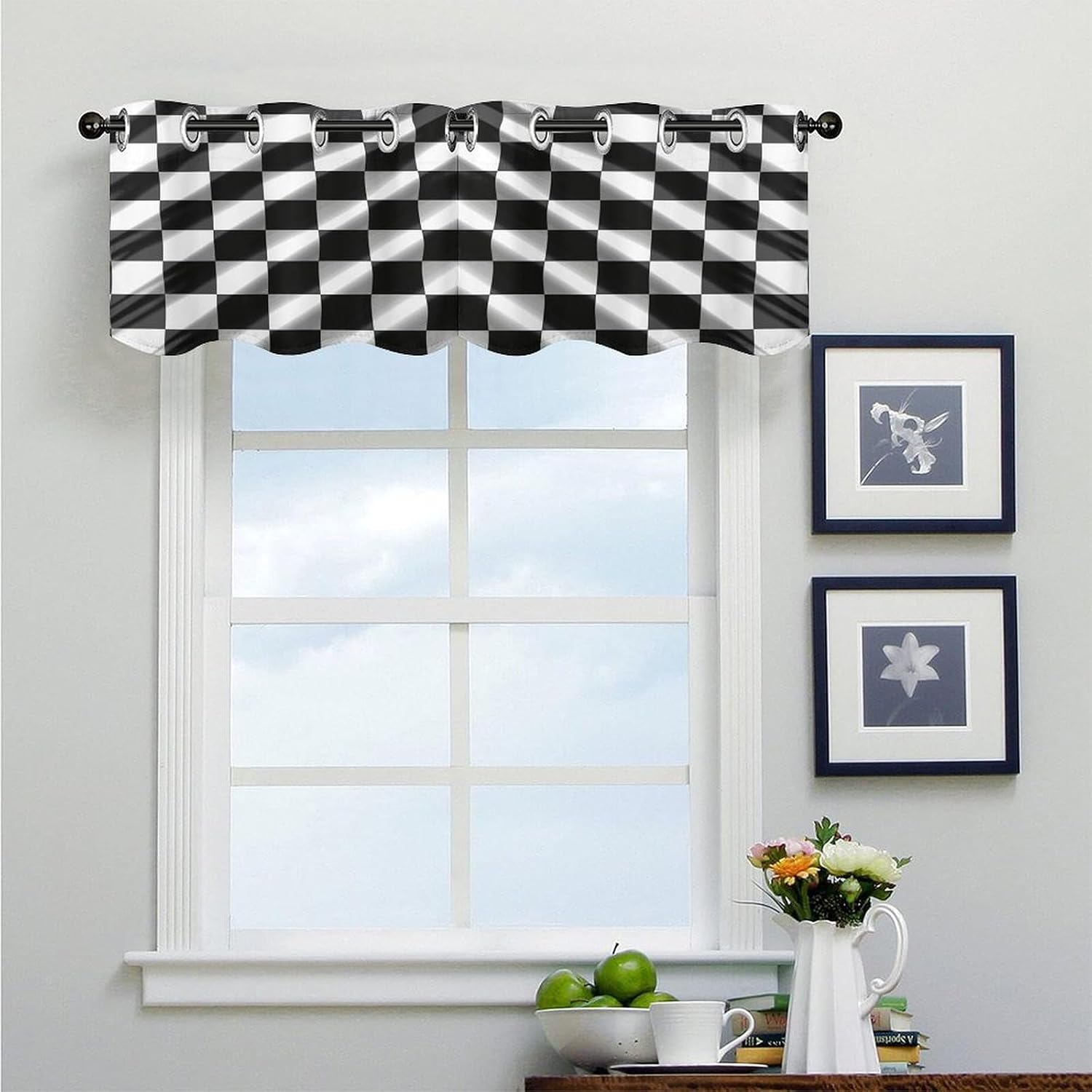 Black White Race Checkered Flag Short Window Valance Kitchen Valances
