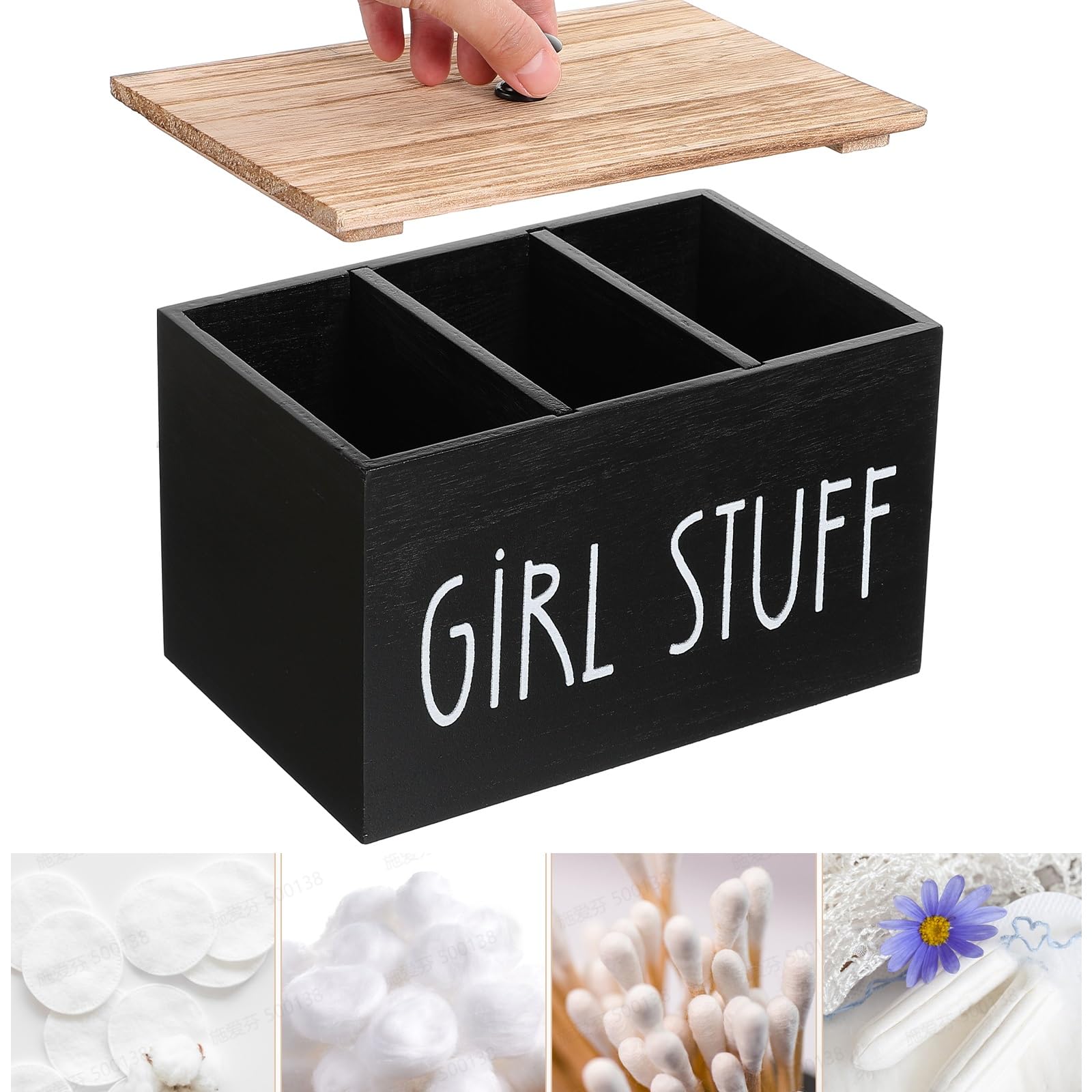 Tampon Holder for Bathroom with Lid, Wood Qtip Holder 3-Section Feminine Product Organizer, Tampon Storage Container Girl Stuff Box for Cotton Swab, Pad, Floss and Hair Bands