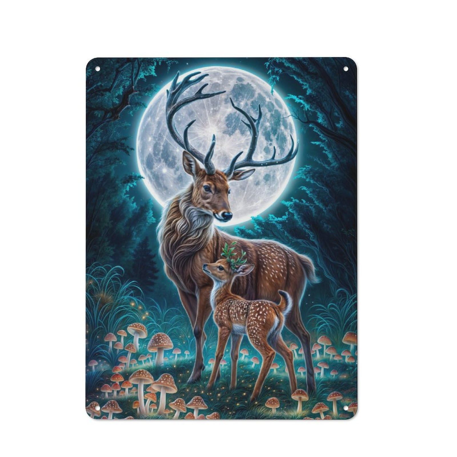 Rustic Tin Wall Sign 40x30cm Featuring Deer Fawn Moonlit Forest, Bistro Wall Plaque for Restaurant, Kitchen, Counter Or Breakfast Nook