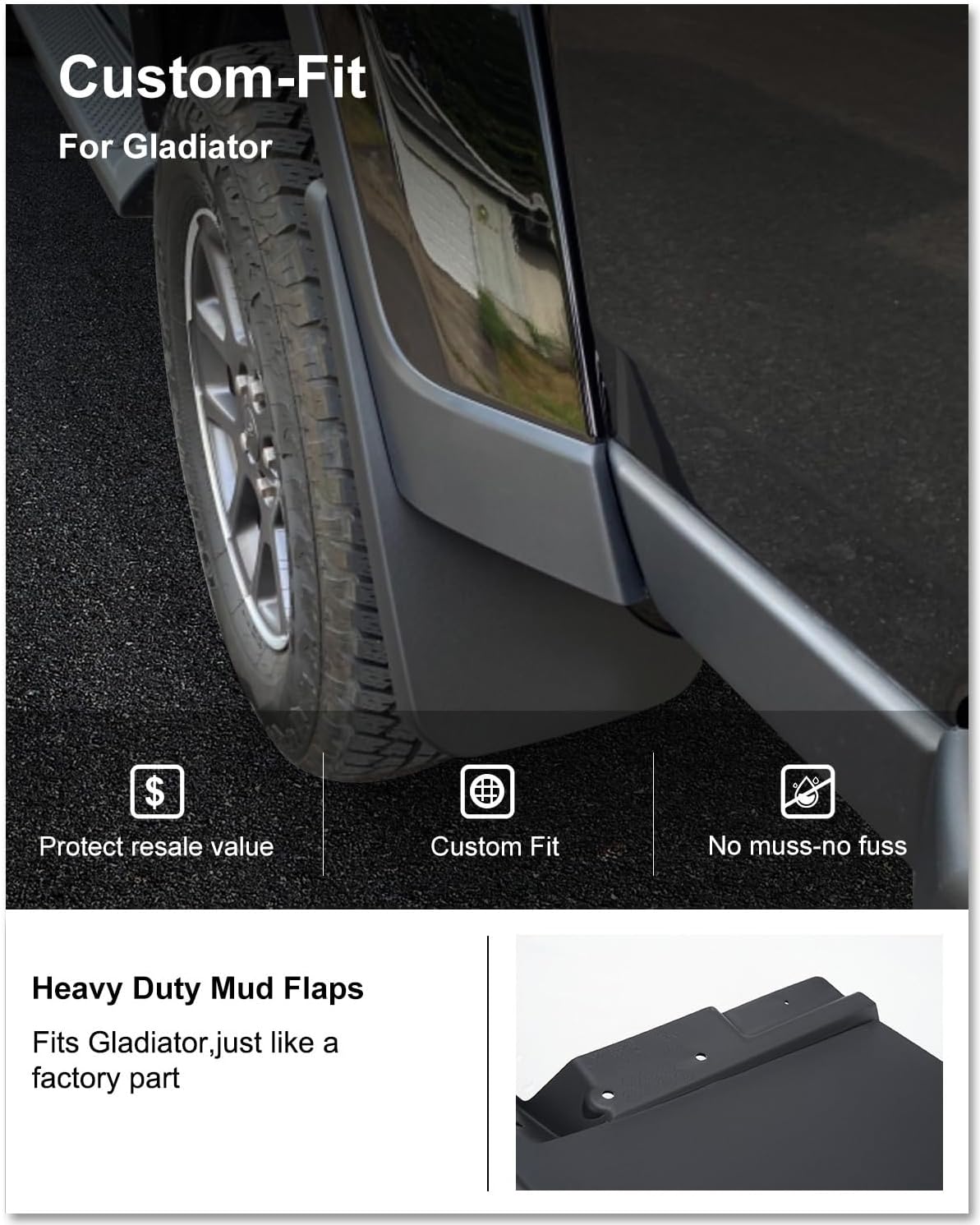 Kiwi Master Mud Flaps for 2020-2026 Jeep Gladiator (Not Fits Rubicon/Mojave), OEM Replacement # 82215611 82215332AB, Heavy Duty Mud Guards, Front & Rear Splash Guards, 4 Pcs Set