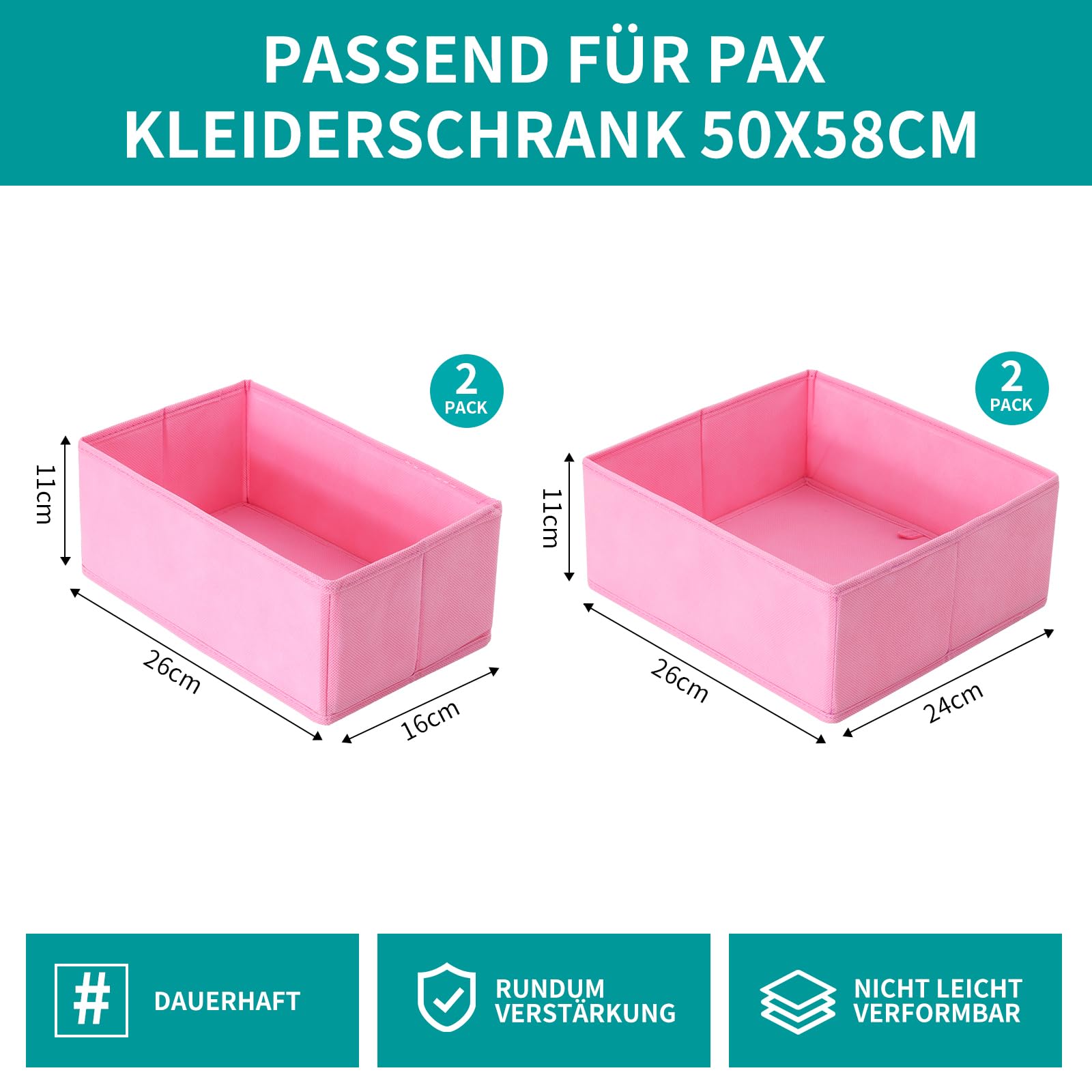 Zestaw 4 organizerów do szuflad kompatybilnych z szafą na ubrania PAX 50 x 58 cm, składane, stabilne, pudełka do przechowywania ubrań, w kolorze różowym