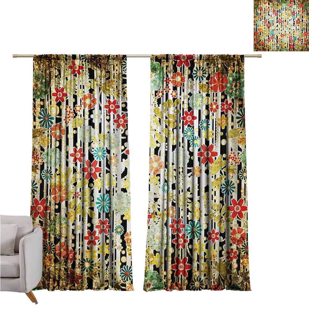 GUUVOR Floral Shading Insulated Curtain Ivy Line Like Colored Flowers Leafs and Buds with Striped Background Artwork Print Soundproof Shade W52 x L108 Inch Multicolor