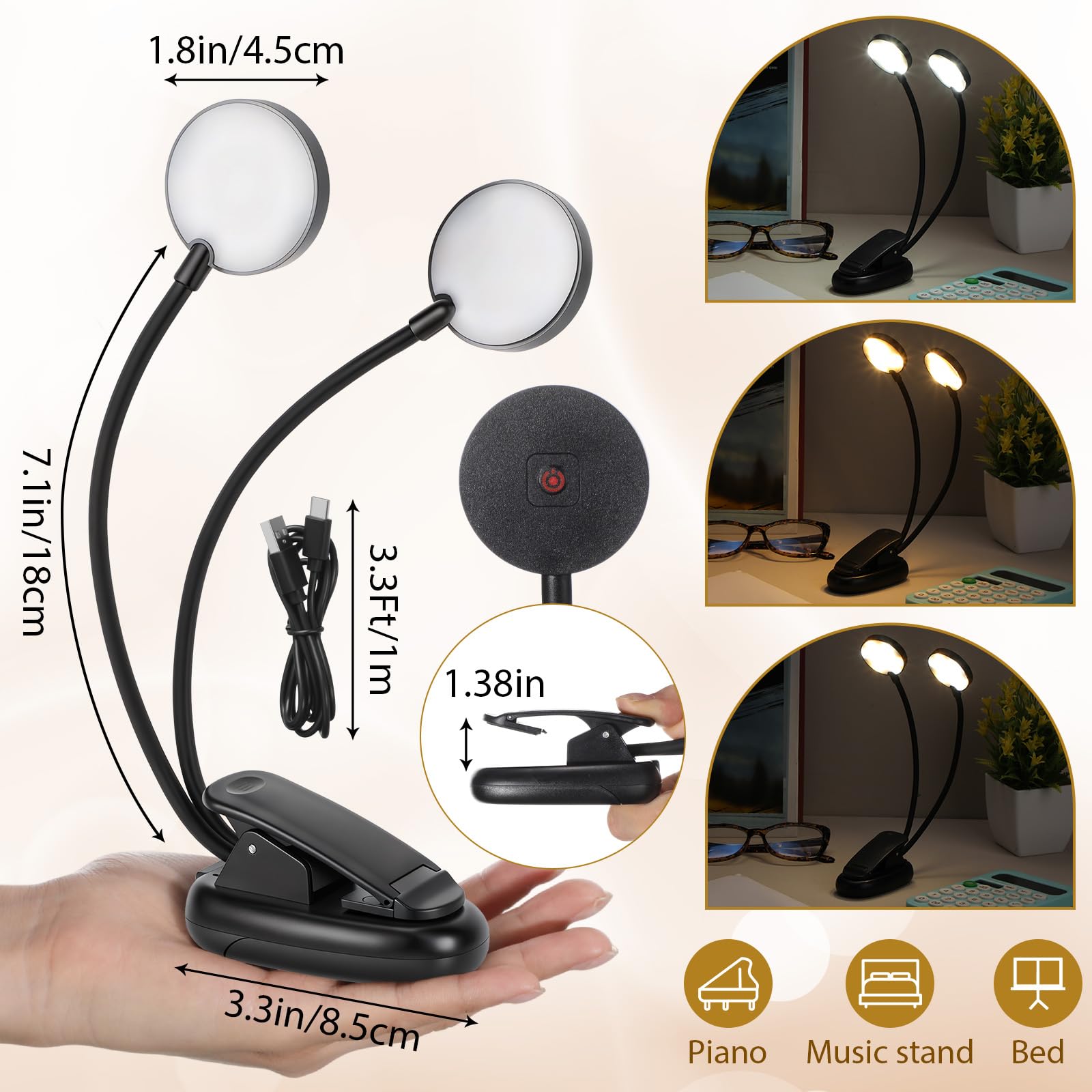 Retisee Notenständer-Lichter, Klavier zum Anklemmen, USB- und AAA-Batteriebetrieb, Doppelkopf-LED-Leselampen, 3 Helligkeitsstufen für Musiker, Klavier, Orchester, Gitarre, 6 Stück