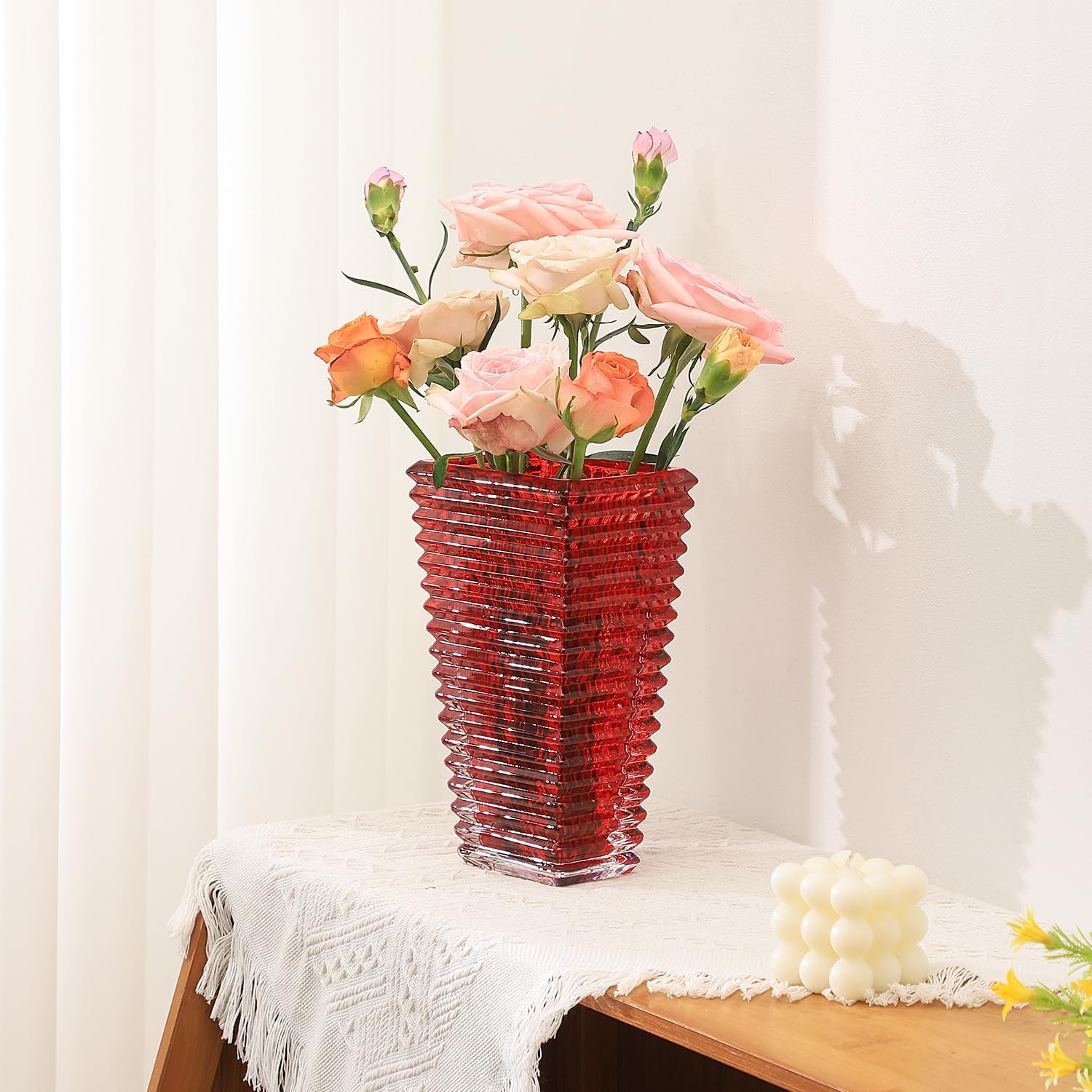 MCMCNCUIU Crystal Vase, Large Crystal Vases for Flowers, Red Large Flower Vase, Modern Glass Vases for Living Room, Bedroom, Kitchen, Dining Table, Mantle, Wedding, 9 Inches - Image 4