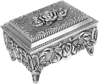 Vintage Metal Jewelry Box, European Jewelry Organizer, Metal Trinket Jewelry Decorative Box, Ring Earrings Treasure Case Keepsake Box Present for Girl WomenAncient Tin Color