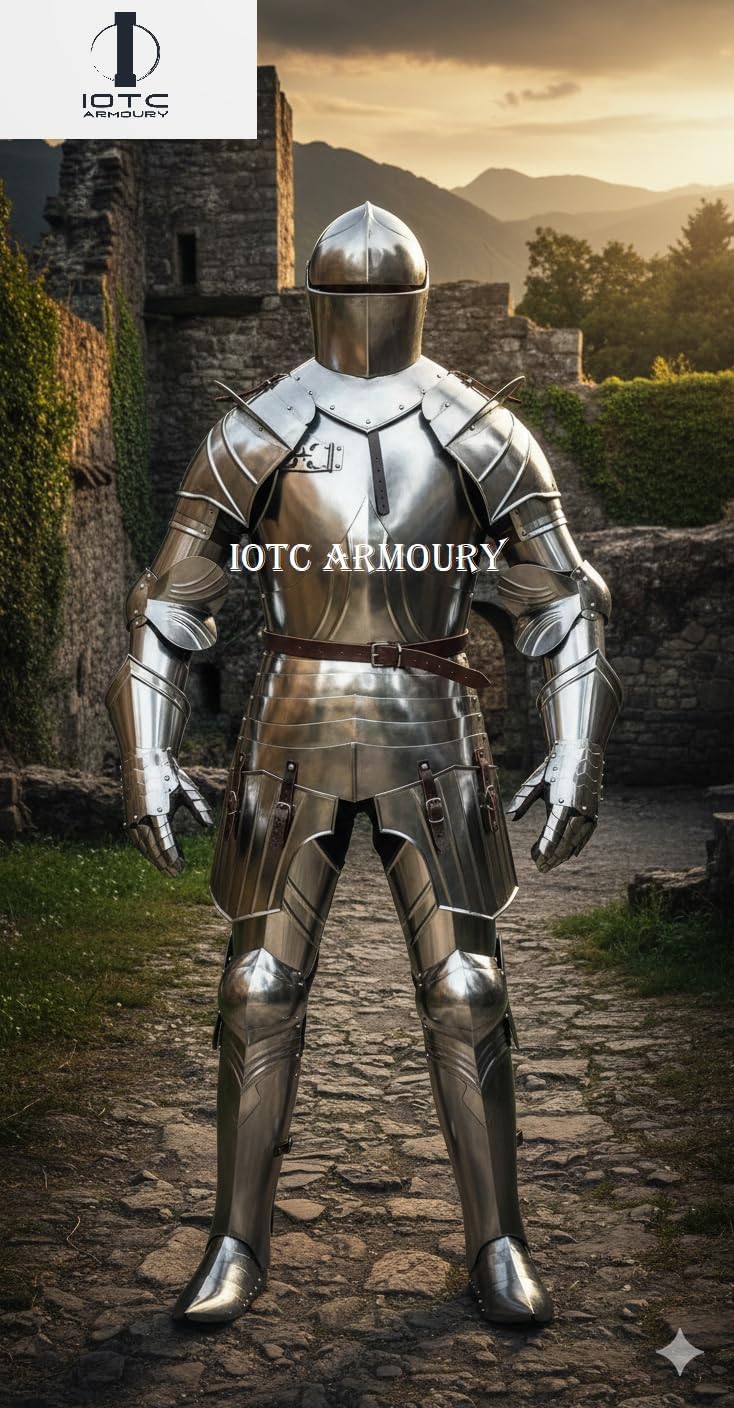 Medieval Knight Full Suit of Armor Fully Wearable Knight Armor Costume with Armor Stand for Display Purpose Perfect for LARP, Reenactment, Cosplay & Theator Act Costume-Halloween Costume Silver