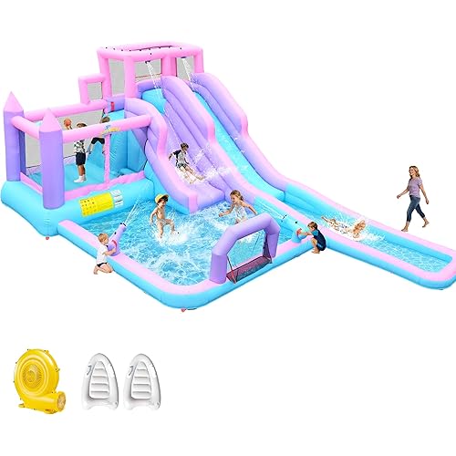 8 in1 20Ftx12Ft Inflatable Water Slide with 17.9ft Long Slide Backyard Bounce House for Kids, Water Slides Park with 2 Inflatable Bodyboards for Ages 3-10, Includes 650W Blower
