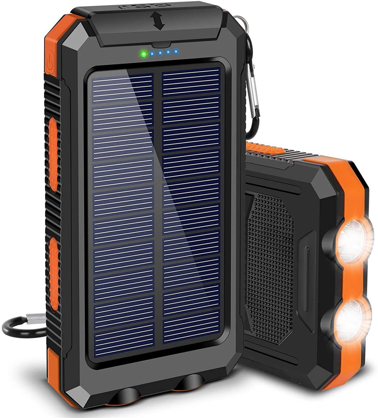 WFEI Solar Charger, Portable Outdoor Outdoor Waterproof Solar Charger Chargers, Compatible with All Smartphones, External Battery with 2 USB Ports/LED Flashlights, Orange