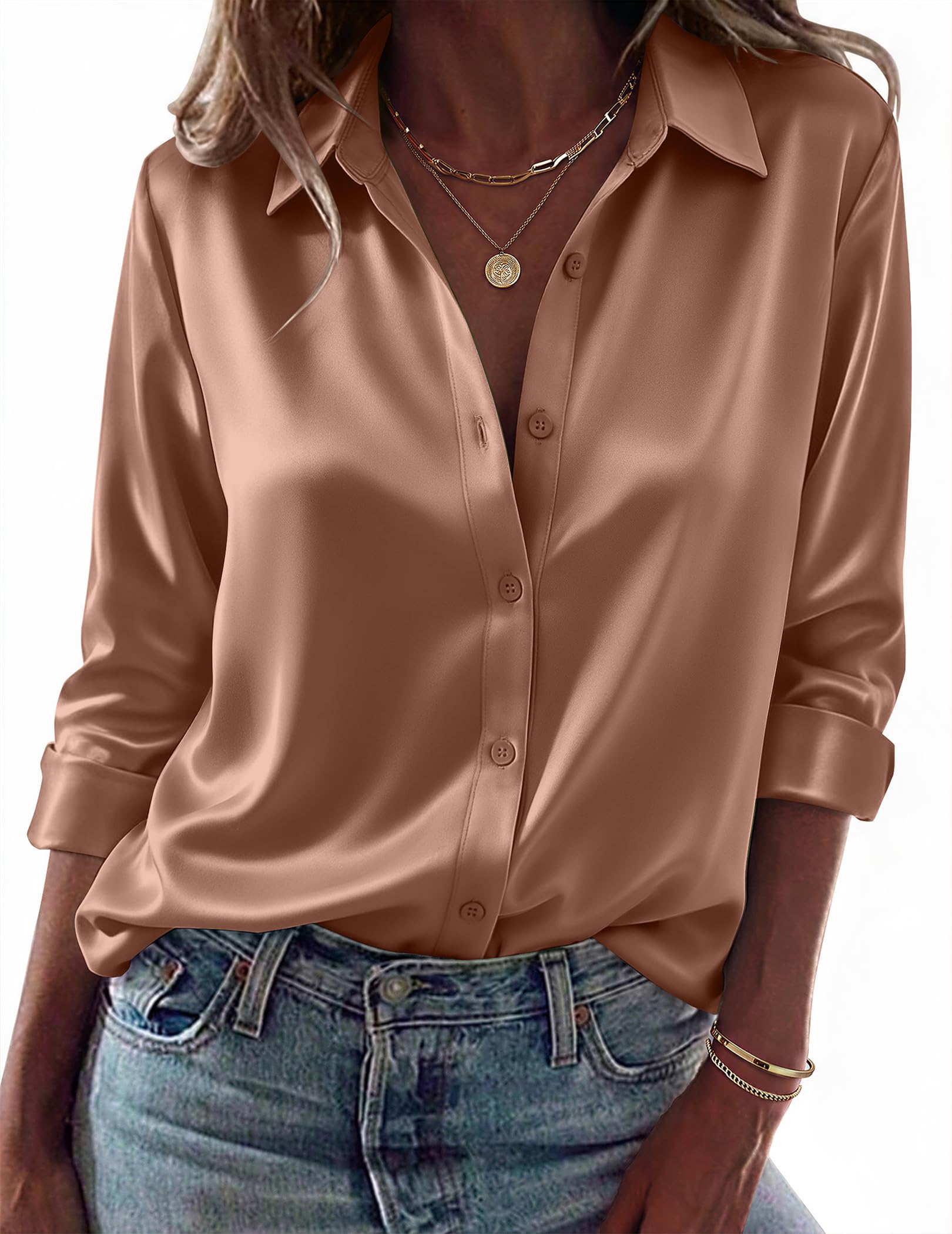 Womens Tops Long Sleeve Satin Silk Button Down Shirts Dressy Blouses