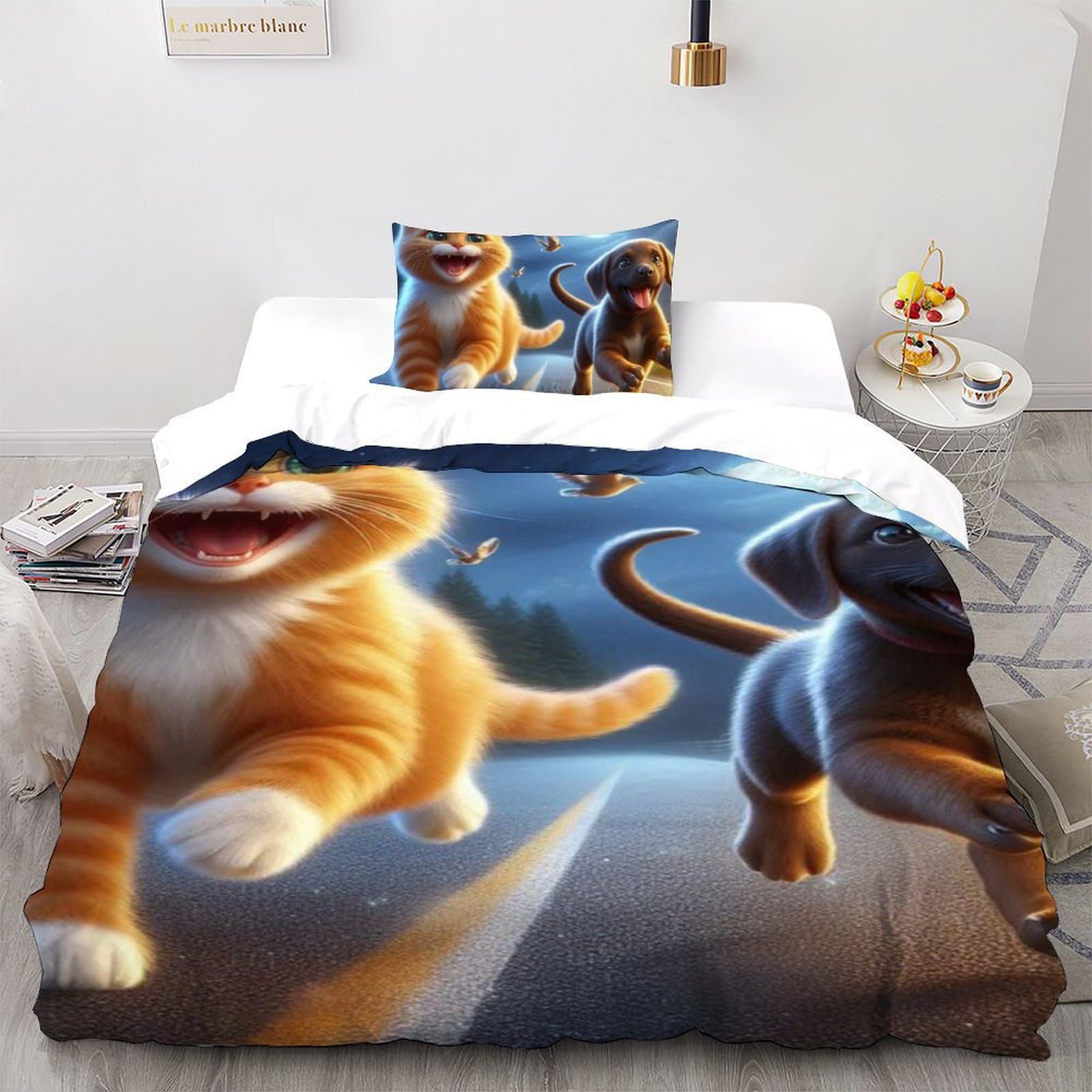 Housse de couette chat et chien 135x200 cm en microfibre pour lit enfant
