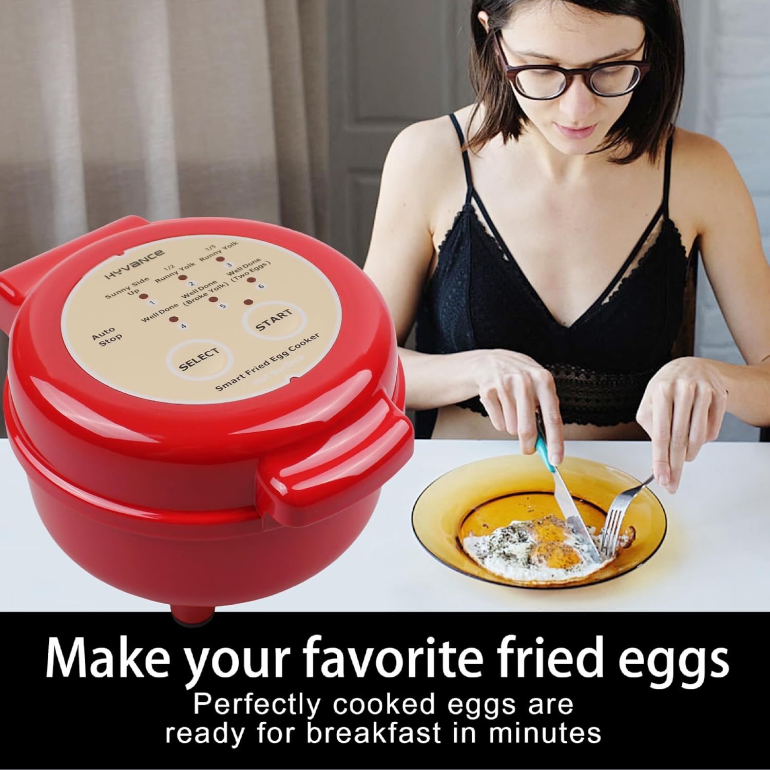 Smart Fried Egg Cooker, Automatic Fried Egg Maker for 6 Features like Sunny Side Up, Over Easy, Fully Cooked & More. Auto Power Off, Alarm, Round Shape, Non Stick Coating (Red)