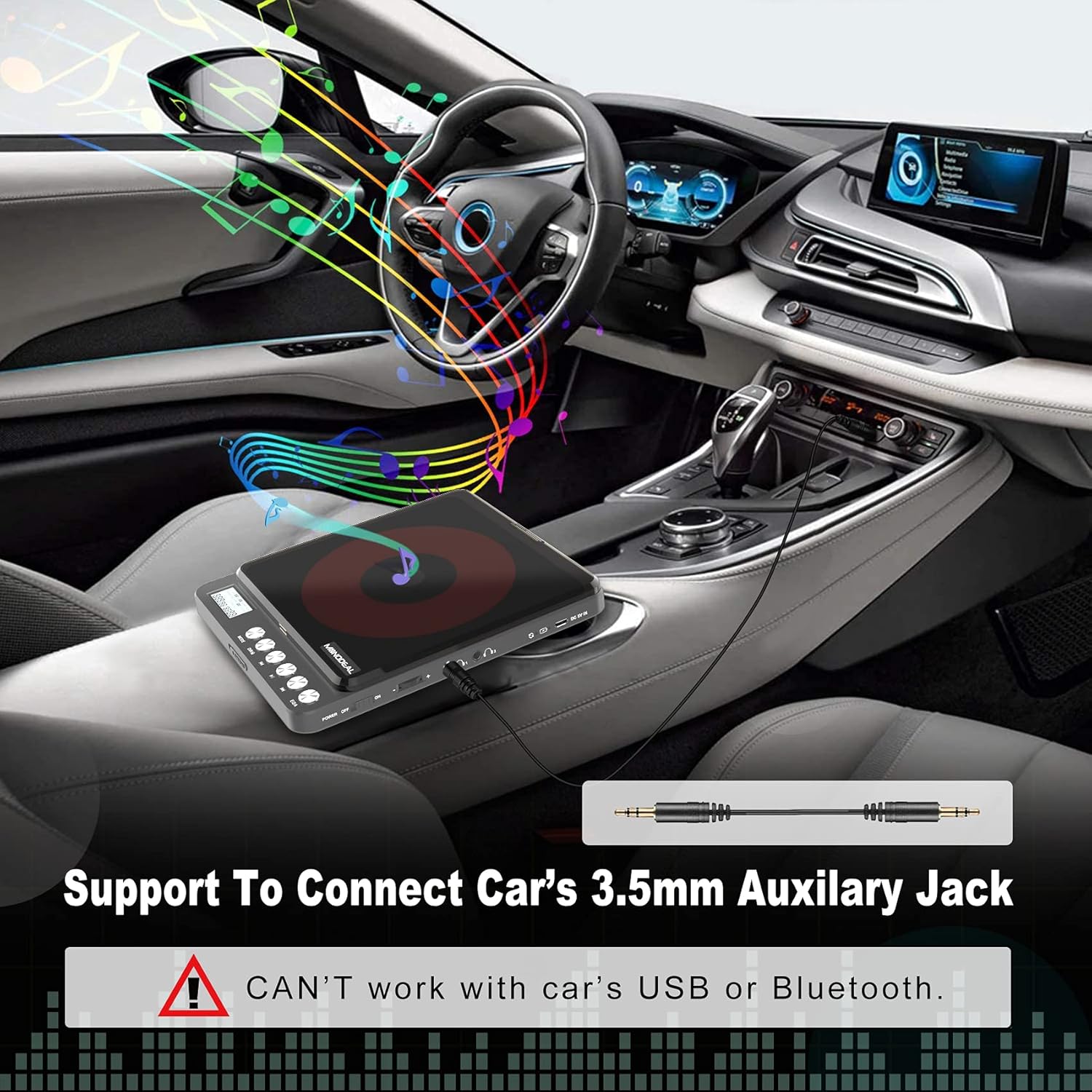 MONODEAL CD Player connected to a car's auxiliary jack