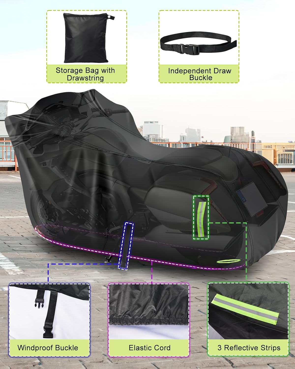 Zacro 420D Motorcycle Cover - Waterproof Outdoor Protection for All Seasons, Tear Proof with Reflective Strips & Lock Hole | Fits Moped Cover and Motorcycles Up to 96"" - Image 7