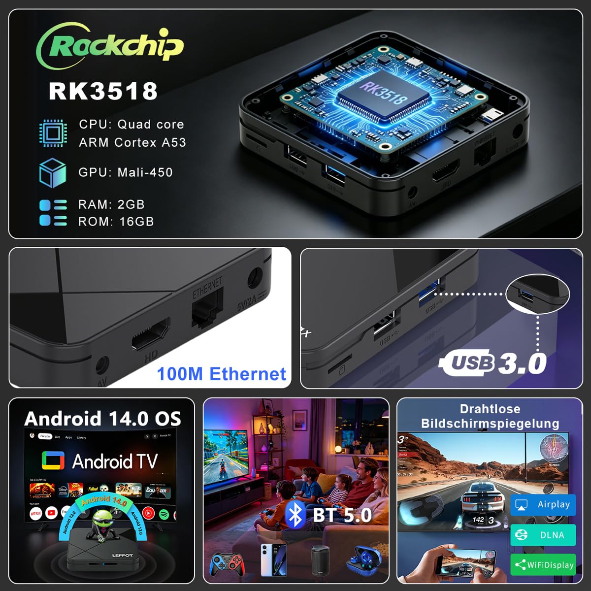 4K UHD Android 14.0 TV Streaming Box 2026, 2GB RAM + 16GB ROM | IP-TV Box Mit Sprachsteuerung, 2.4G/5G WiFi 6, BT 5.4, USB 3.0, 100M Ethernet, HDR10, RK3518 Quad-Core A53