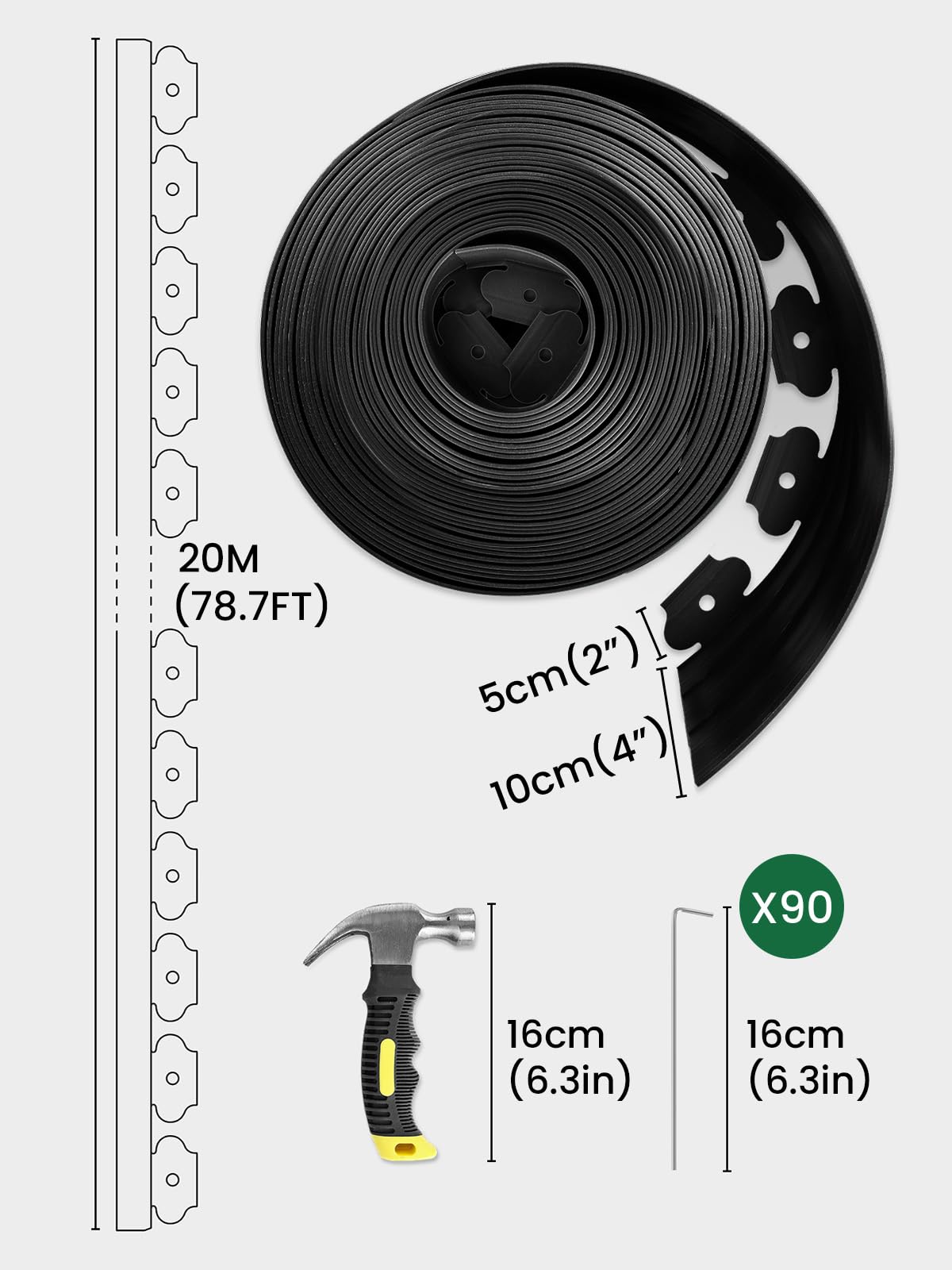 Flexible Rasenkante Kunststoff 20 m x 10 cm schwarz mit 80 Erdankern Unsichtbare Garteneinfassung für Rasen und Blumenbeete