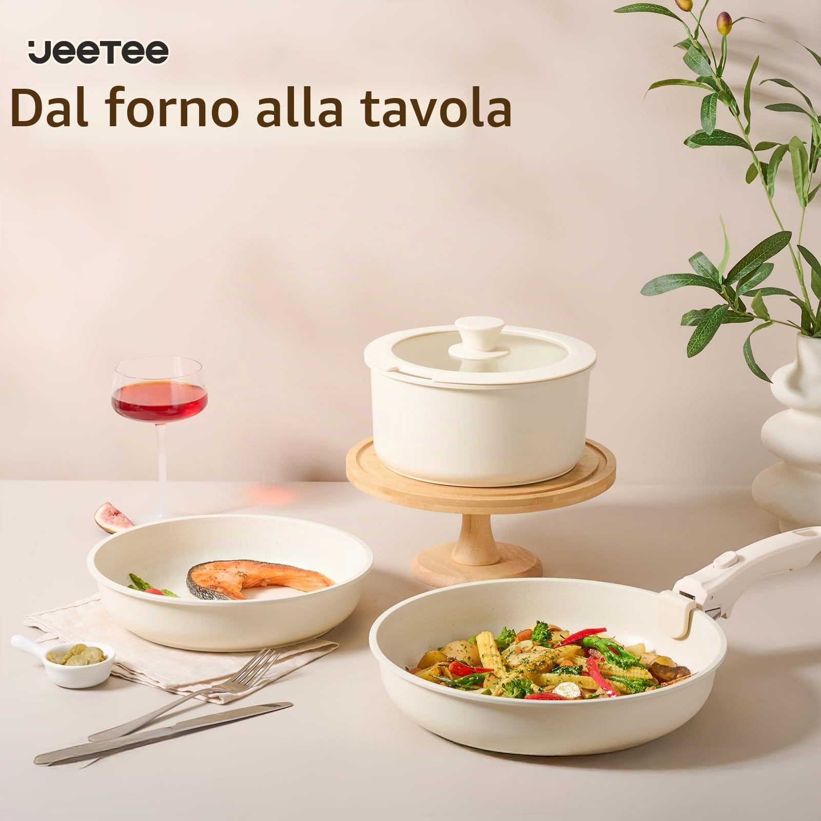 JEETEE Set di pentole e padelle antiaderenti, 19 pezzi, set di pentole da cucina con manico staccabile, set di pentole antiaderenti a induzione con manico rimovibile, pentole impilabili per camper