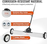 Vista 5 de VEVOR Barridor Magnético Rodante de 55 Libras con Ruedas, Barridor Magnético de Césped de 36 Pulgadas con Mango Telescópico, Barridor Magnético