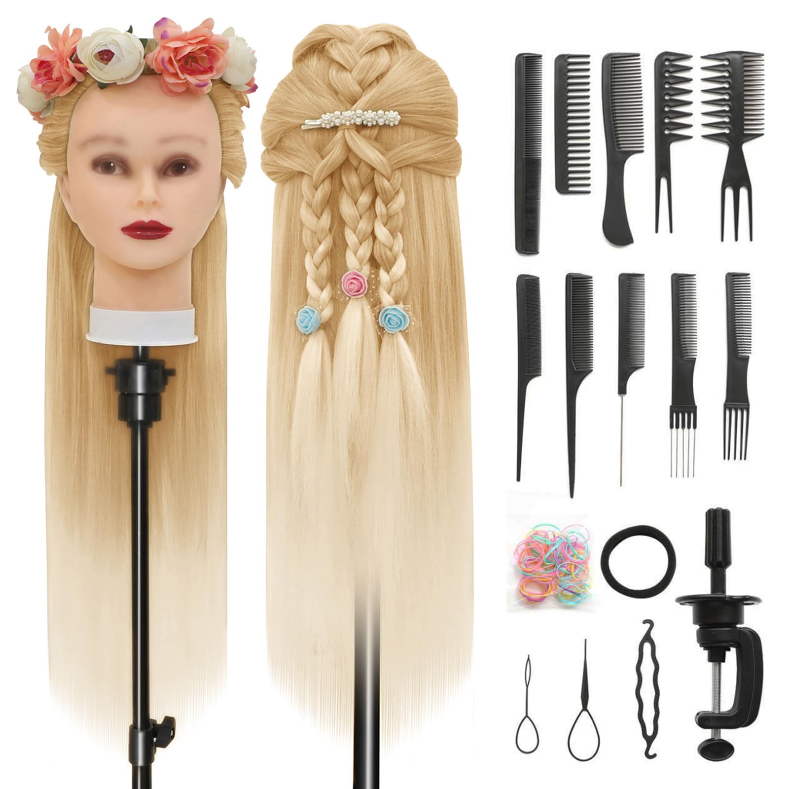 Trainingsköpfe, 28 inch Übungskopf Frisierkopf Friseur 100% Synthetikfaser-Haar Styling Kopf Frisierkopf für Frisöre mit kostenloser Klemme und DIY Flechtset (27-613)