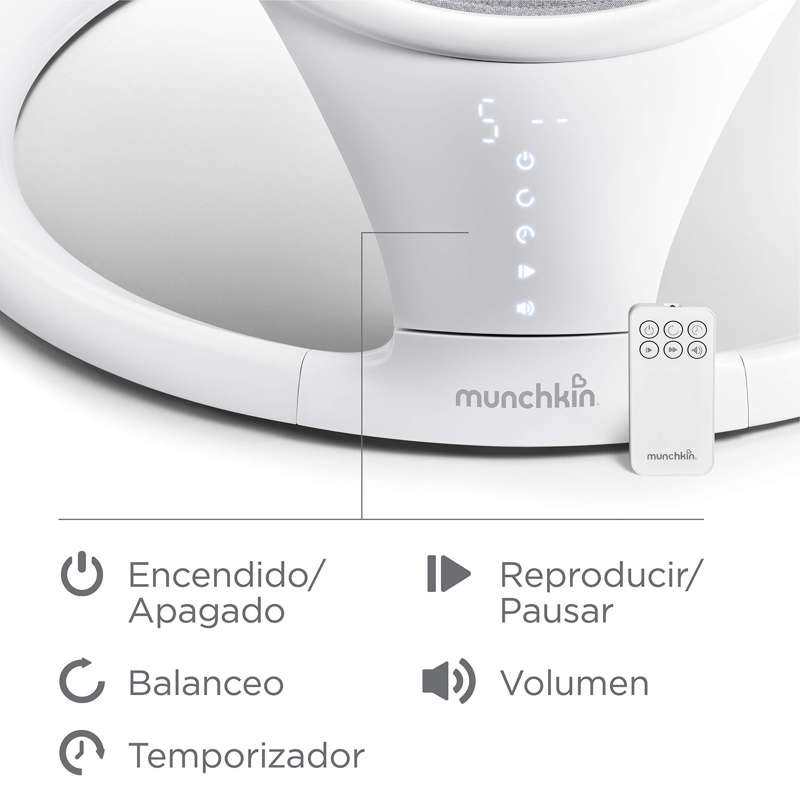 Munchkin Hamaca Eléctrica, Mecedora de Bebé y Recién Nacido con Bluetooth, Silla Portátil, con Movimiento y Sonidos, Gris/Blanco