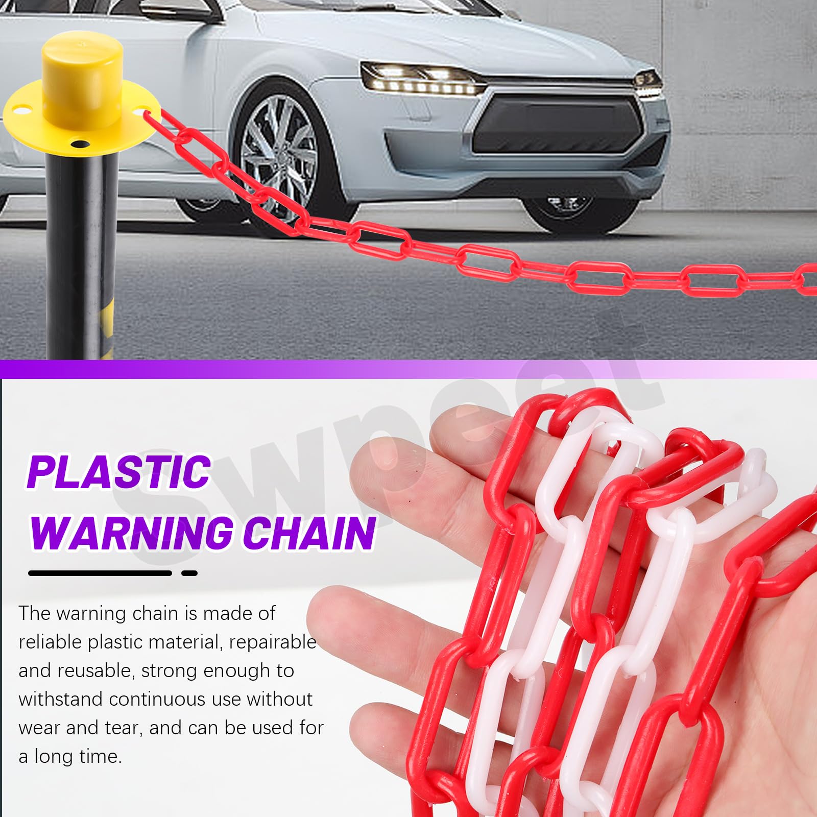 Swpeet Łańcuch ogrodzeniowy, plastikowa bariera łańcuchowa do kontroli tłumu, ruchu, kolejkowania (czerwona i biała) 21 szt. 5 m x 6 mm plastikowy łańcuch z hakami S