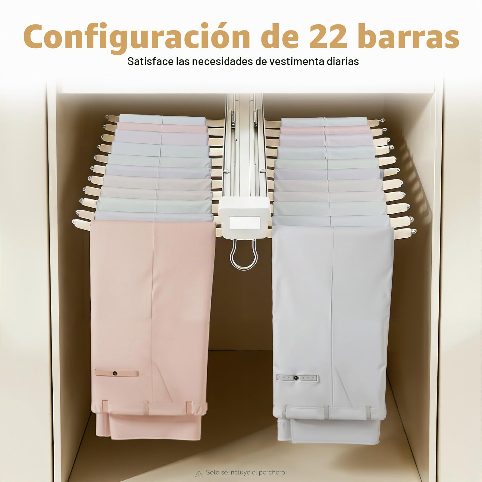 Perchas para 22 Pantalones, Pantalonero Extraible para Armario, Antideslizante, Barra Extensible para Colgar Ropa, Organizador Perchero para Toalla Sostén Falda Jean Bufandas, Beige