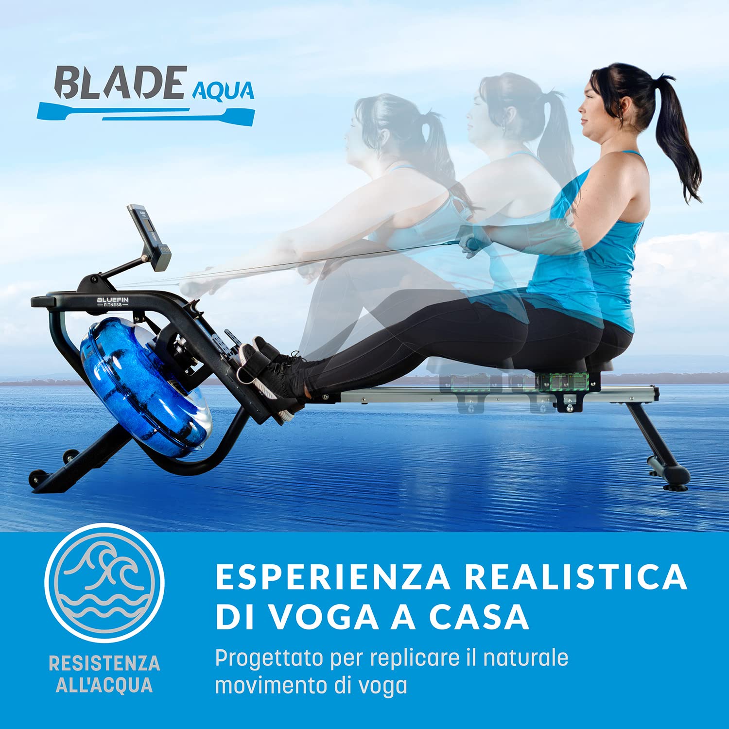 Bluefin Fitness Blade Aqua W-1 - Vogatore pieghevole per resistenza all'acqua, vogatore Blade Aqua M-1, console fitness digitale LCD, integrazione app, allenamento in palestra a casa, perdere peso e