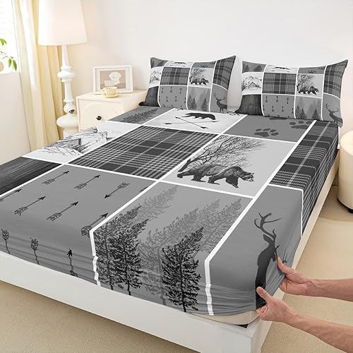 Miniatura 4 de Manfei Juego de sábanas con estampado de ciervos, tamaño matrimonial, estilo rústico, diseño de oso salvaje, para Año Nuevo o cumpleaños, 4 piezas
