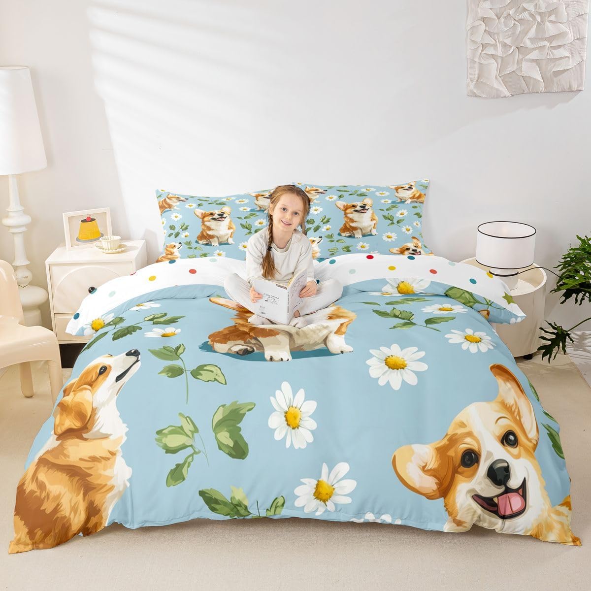 Erosebridal Corgi Duvet Cover Twin Size Daisy Bedding Set for Kids Boys Girls Oil Painting Cute Pet Dogs Pattern Comforter Cover Leaves Flower Kawaii Animals Bedclothes